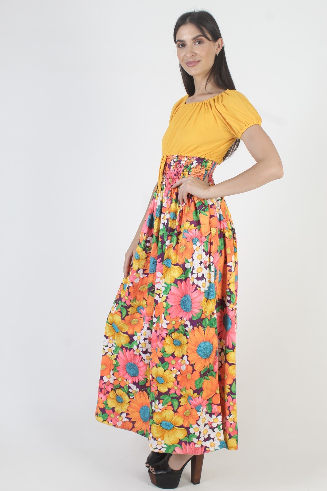Vtg Tropical Print Dress Hawaiian Smocked High Waist Floral Tiki Luau Sundress