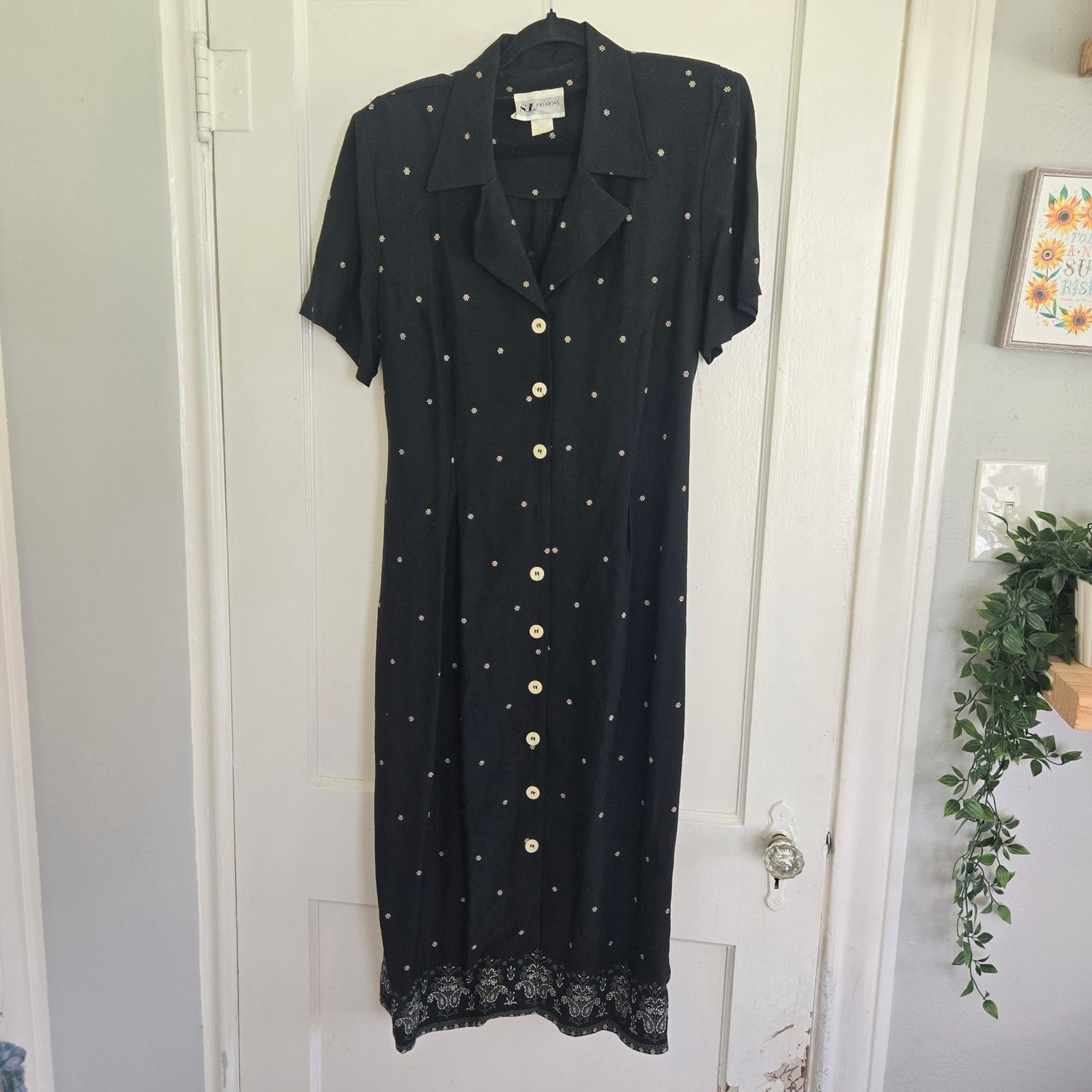 Vtg 90s SL FASHIONS Black & White Floral Dress stardust Rockabilly Cottagecore