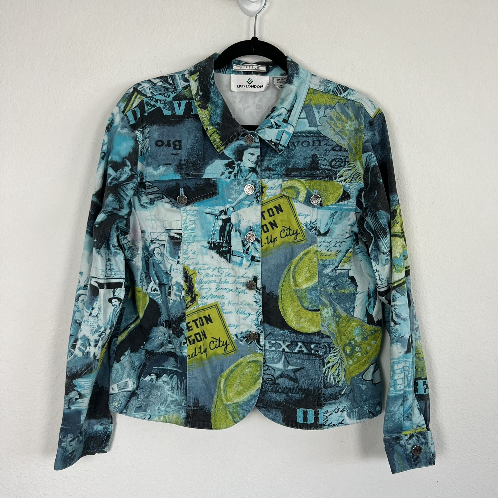 Erin London Womens Vintage Graphic Y2K Sheriff Western Stretch Jacket Medium