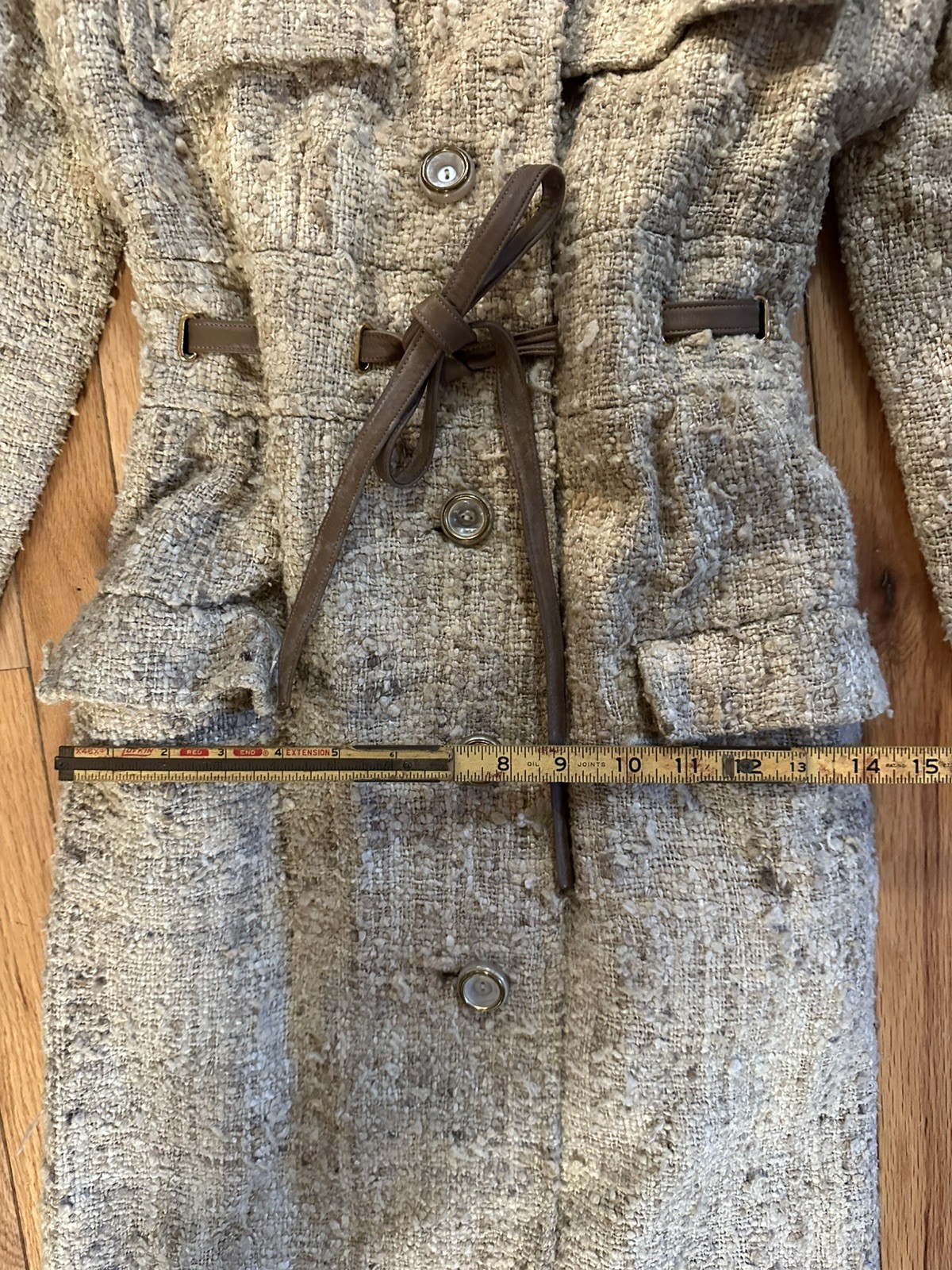 VINTAGE NEIMAN-MARCUS PIETRO Womens Suit Cream Brown Silk Wool Leather With Belt