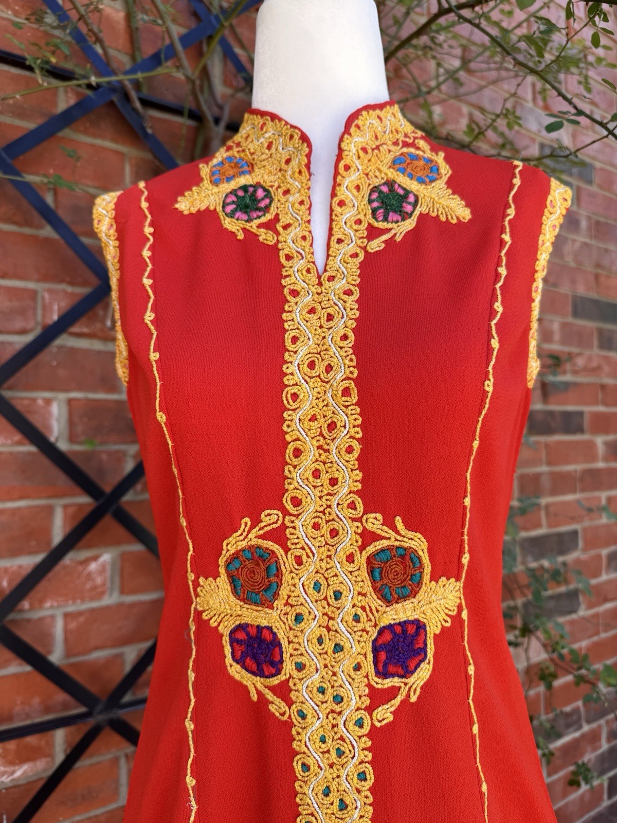 Vintage 1960s Red Hostess Column Maxi Dress With Gold Soutache Embroidery Size M