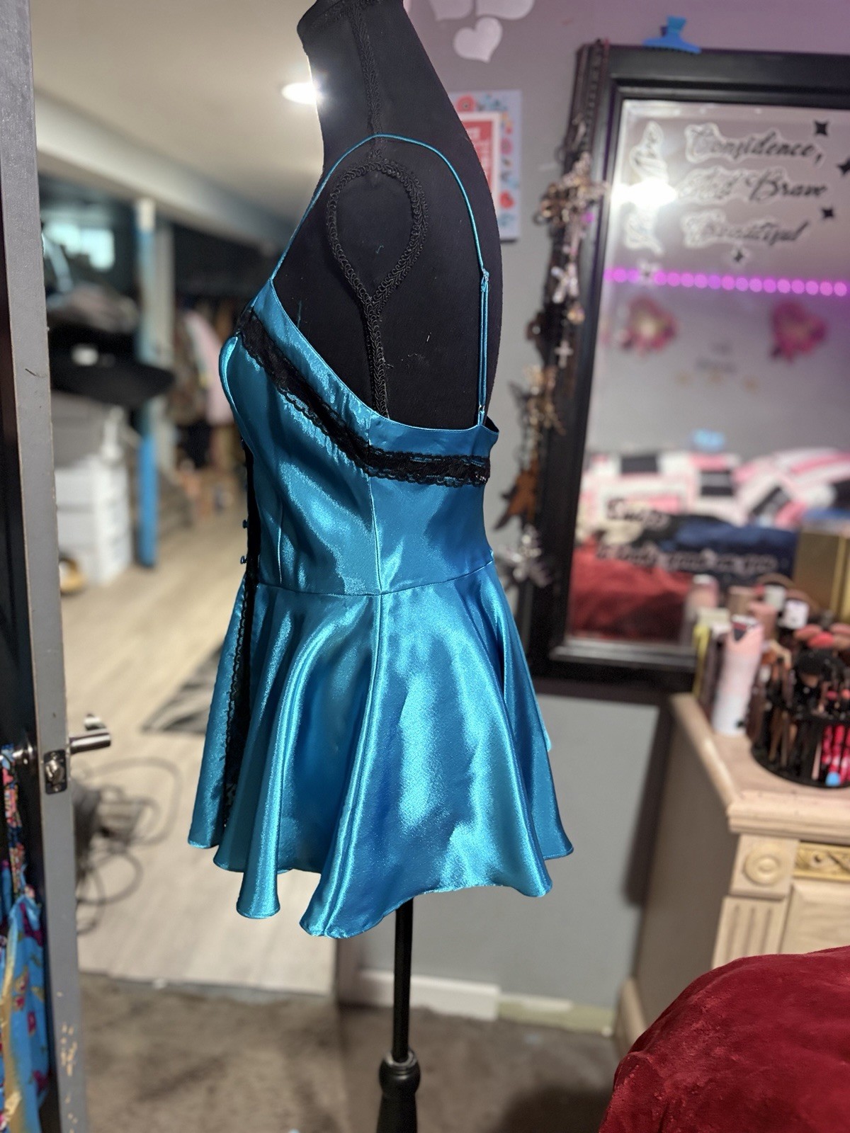 Vintage NWOT Victoria Secrets Teal Satin & Lace Camisole Top- small