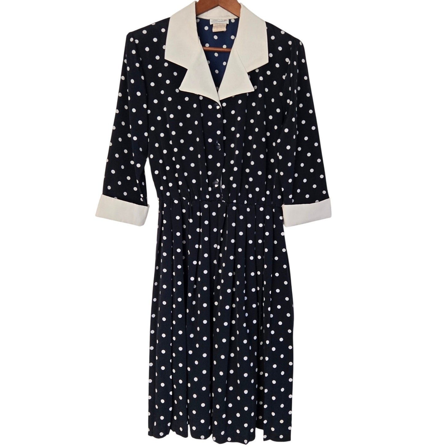 Vintage Serbin Dark Academia Blue Polka Dot Midi Shirt Dress Contrast Collar 10