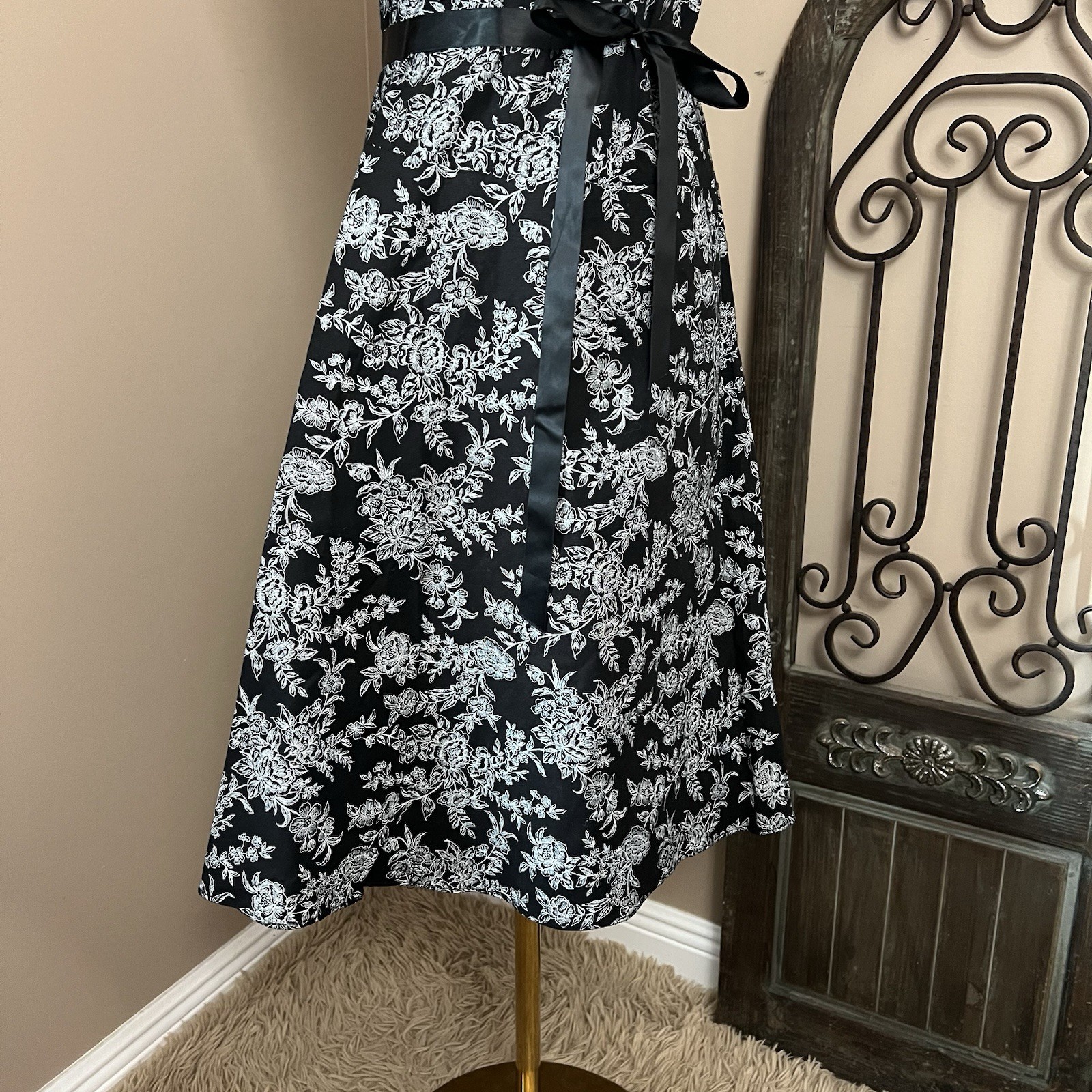 Vintage 90s does 50s Black Floral Toile A Line Strapless Dress Sz Med Gothic