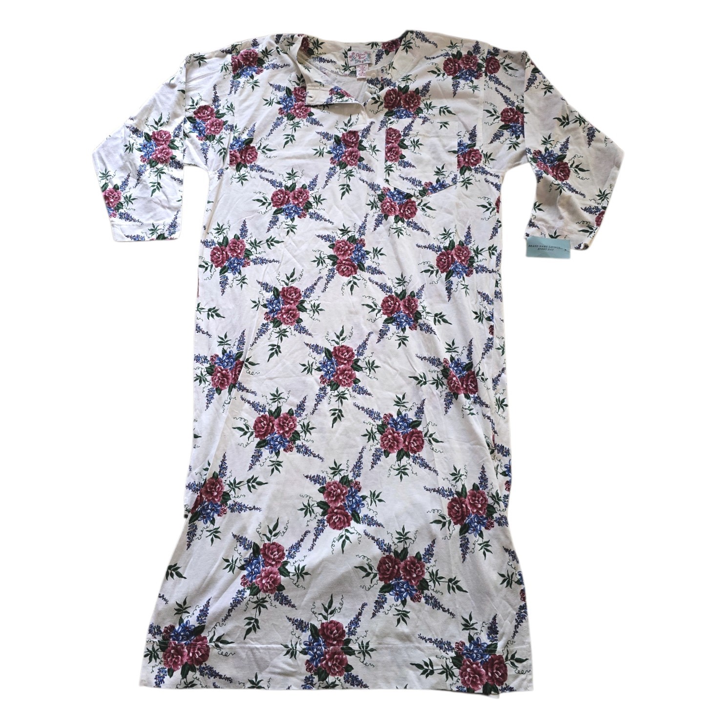 Vintage Claires Rose Floral Long Sleeve Nightgown SZ M 100% Cotton NOS