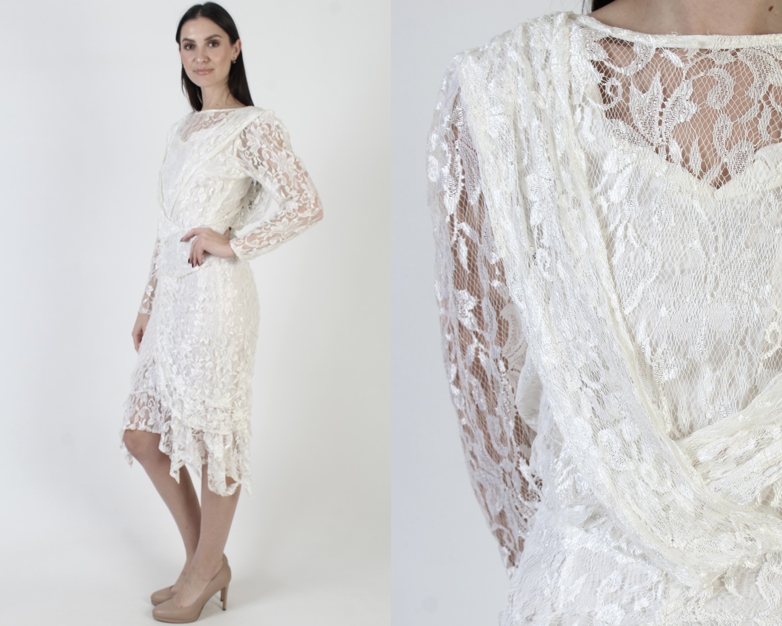 Vtg 80s Lace Asymmetrical Dress Victorian Sheer Hi Lo Fishtail Bridal Deco Skirt