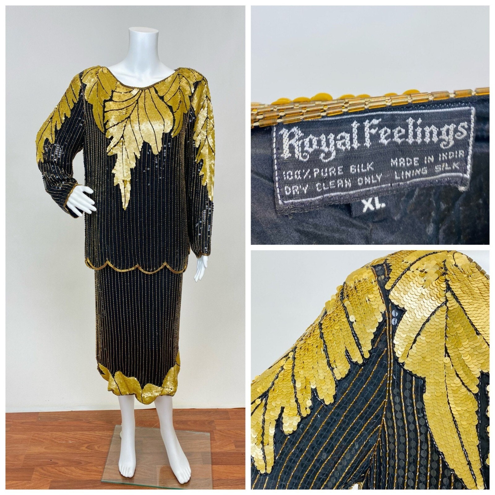 Vintage 1980s Does 1920s Sequins and Beaded Blouse and Skirt Set Gold and Black