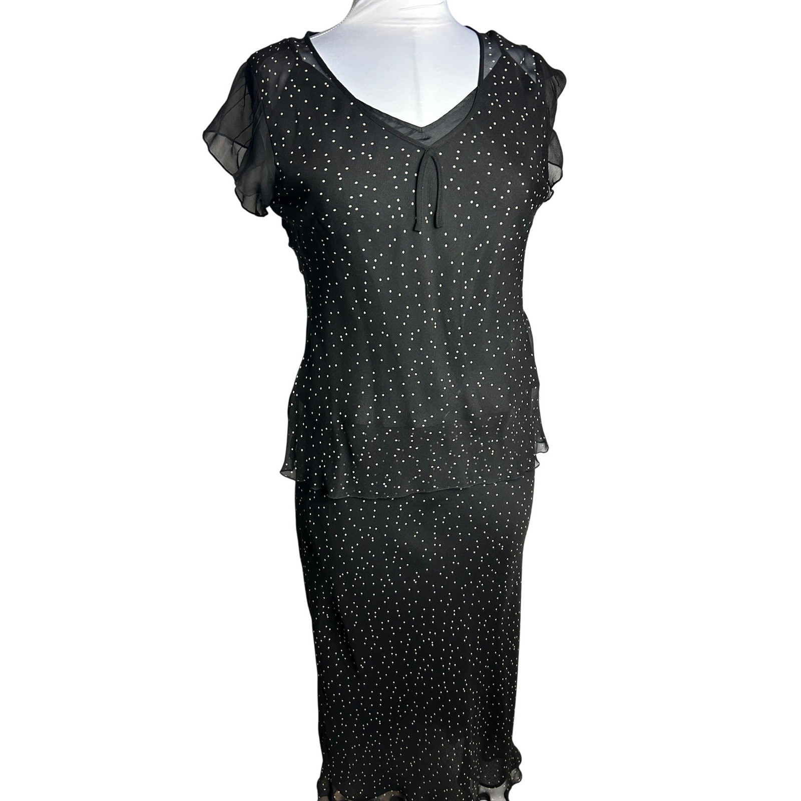 Vintage 90s Polka Dot 3 Piece Set Sheer Silk Blouse Skirt & Camisole Black White