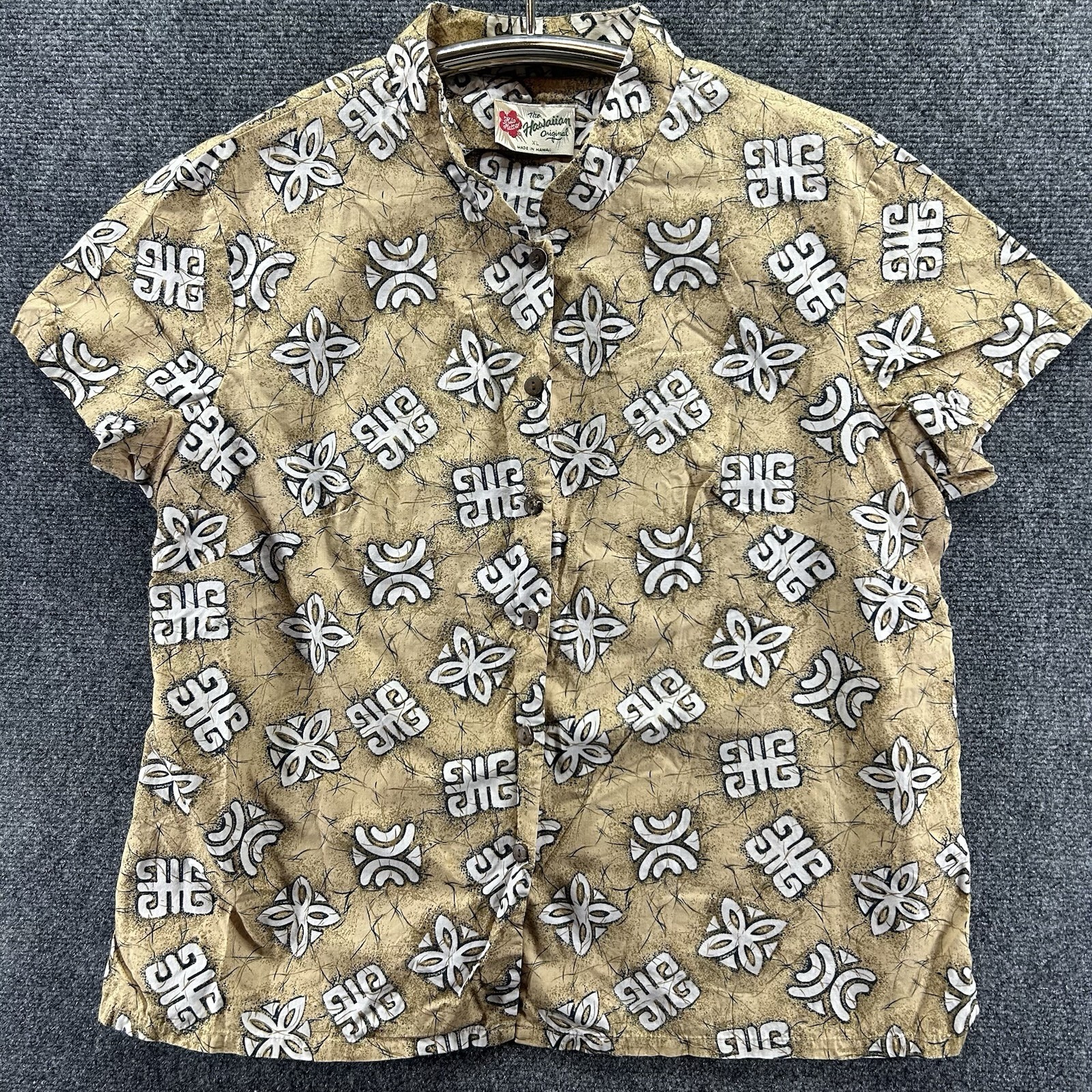 Vtg Hilo Hattie Tribal Tiki Paradise Hawaiian Shirt Mock Neck Womens XL Tan Boxy