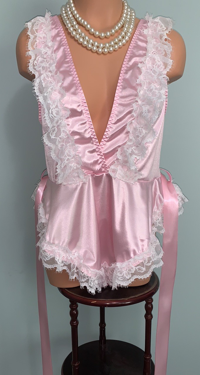 NEW GLOSSY Teddy Bodysuit 1X SOFT Frilly Lacy Girly Thong Panty