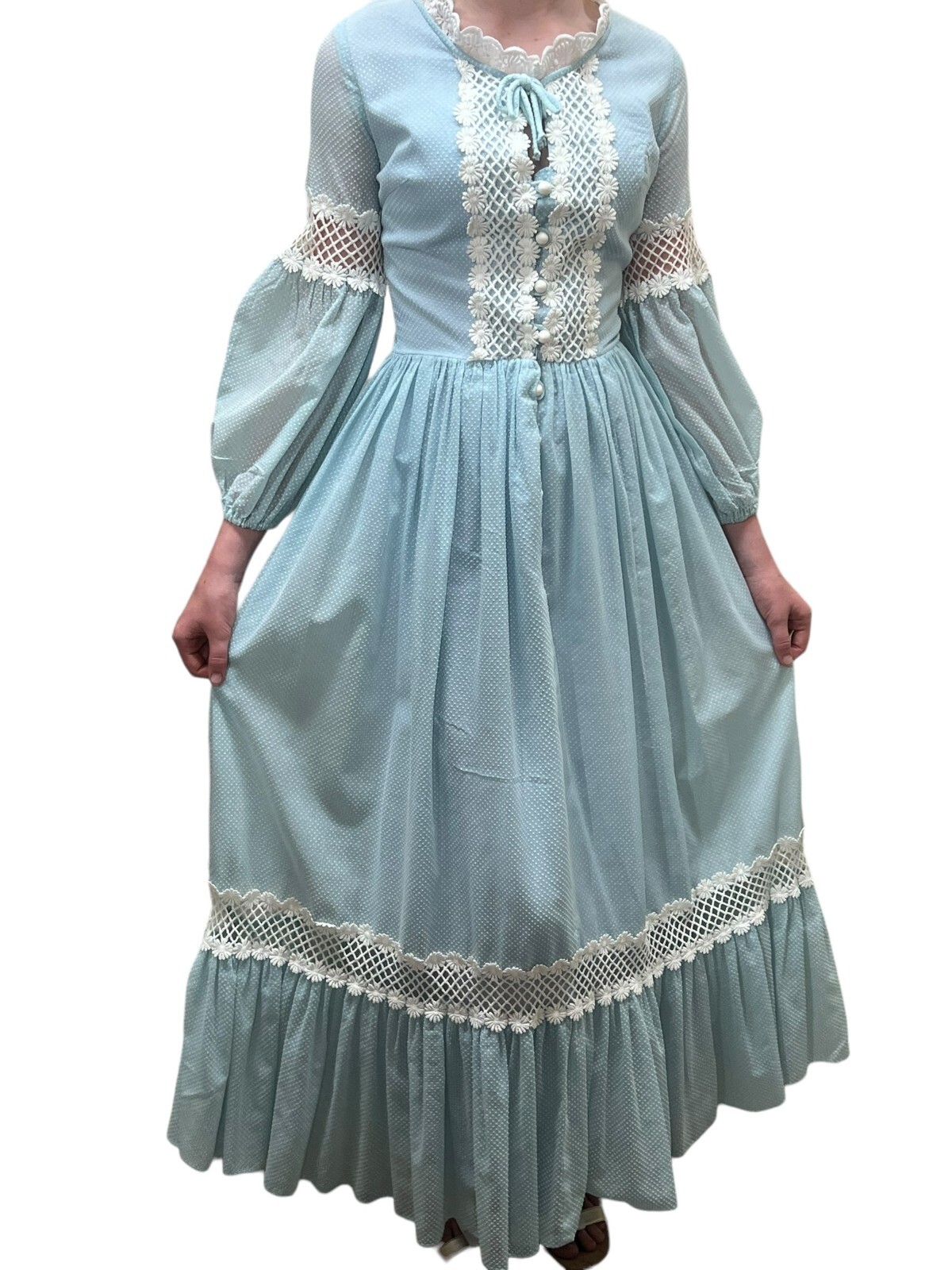 Vtg 70s Sz S~M Maxi Dress Blue Swiss Dot Prairie CottageCore Lace Ruffle Tiered