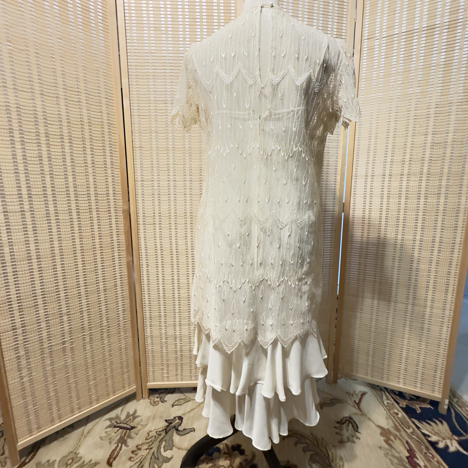 Vtg 70s 80s Sz S Gina Bacconi? Cream Lace Gatsby Wedding Party Art Deco Dress