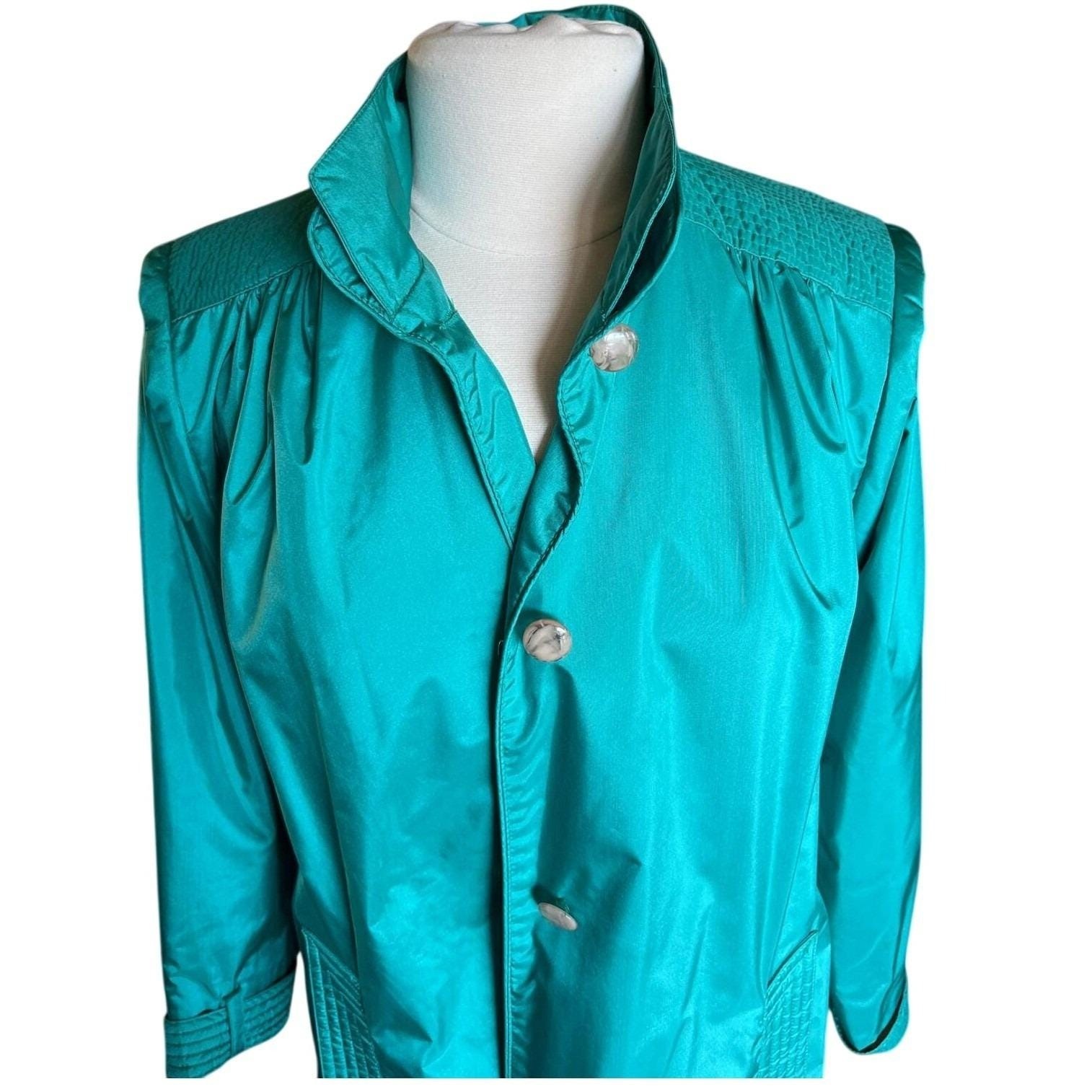 Vintage Fleet Street Teal Trench Coat Retro Chic Pleated 80s Slicker Sz 10