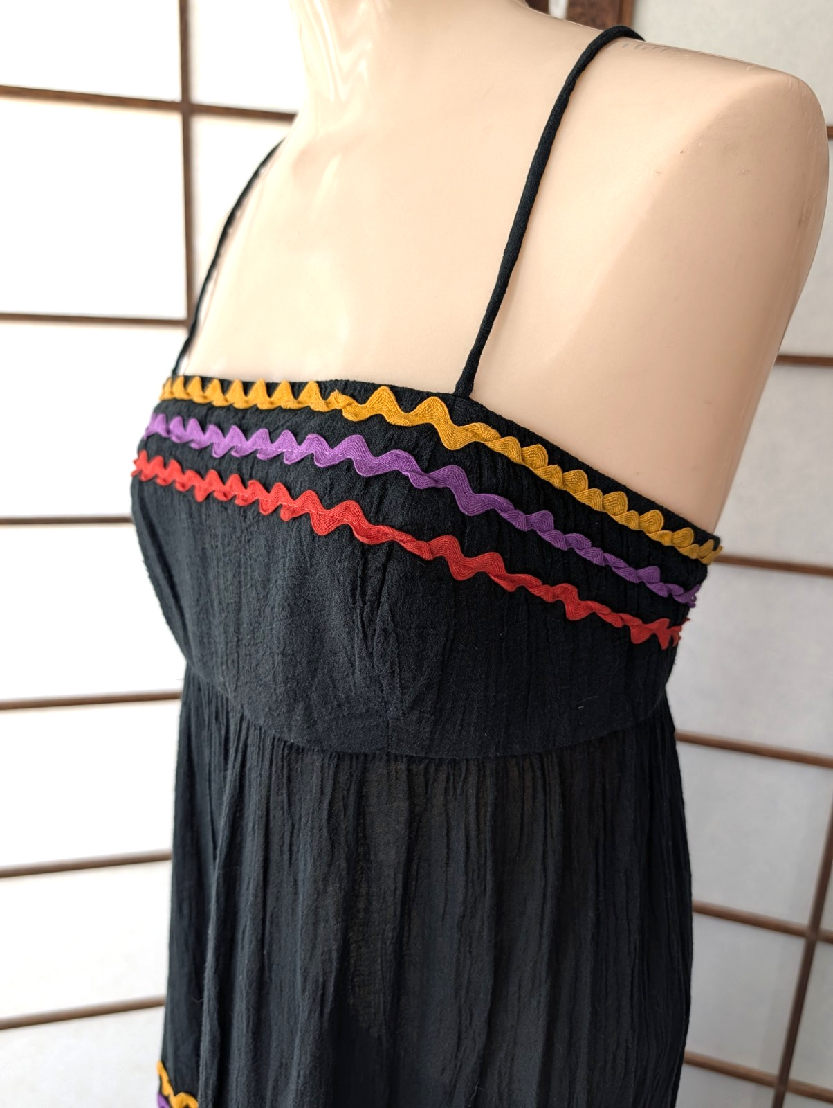 Vintage 1970s Act I New York Black Gauzy Maxi Sundress Tiered Rick-Rack Sz XXS