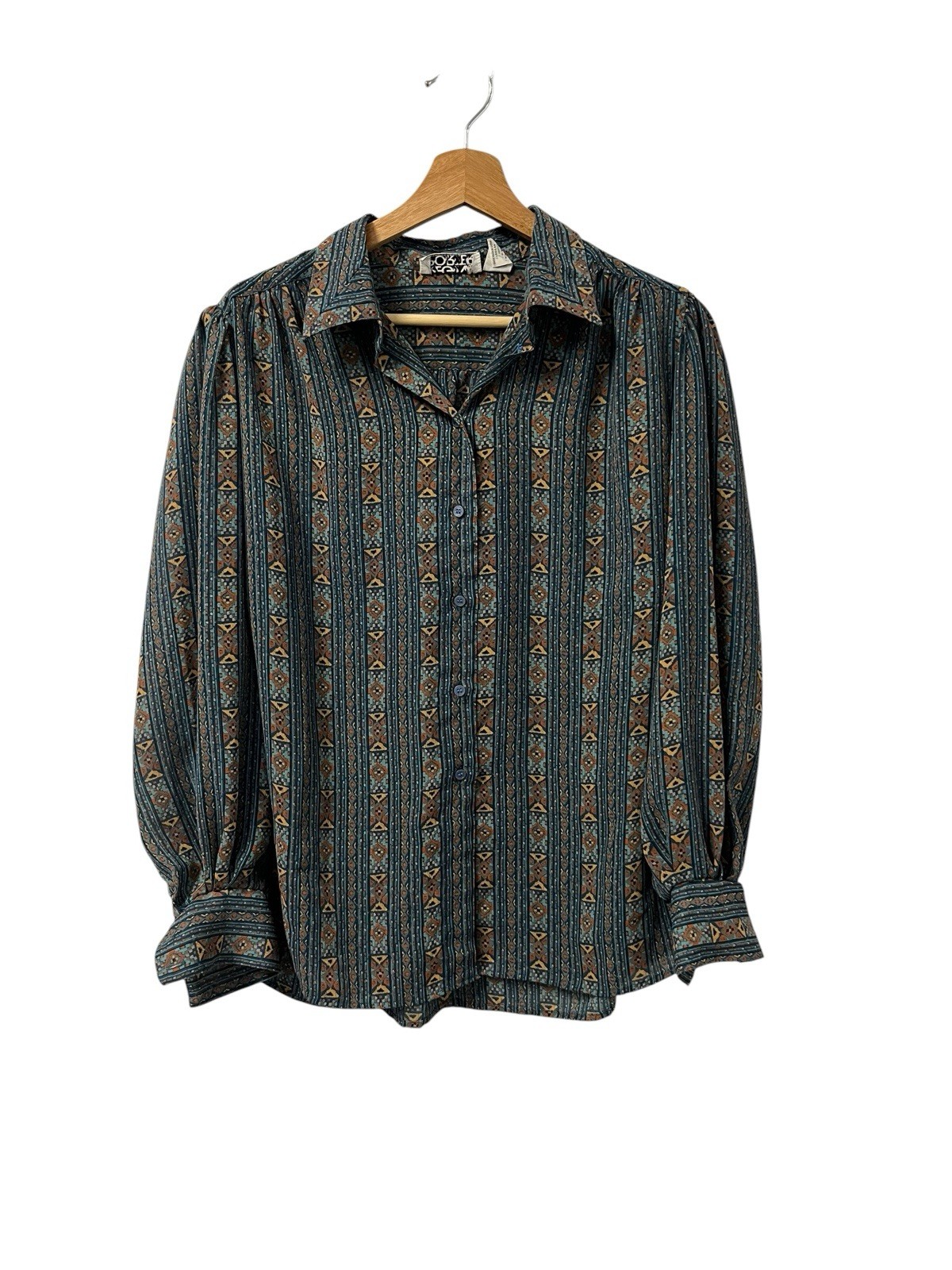 Vintage 80s Regina Porter Southwest Aztec Boho Blouse Women’s XL Blue Chiffon