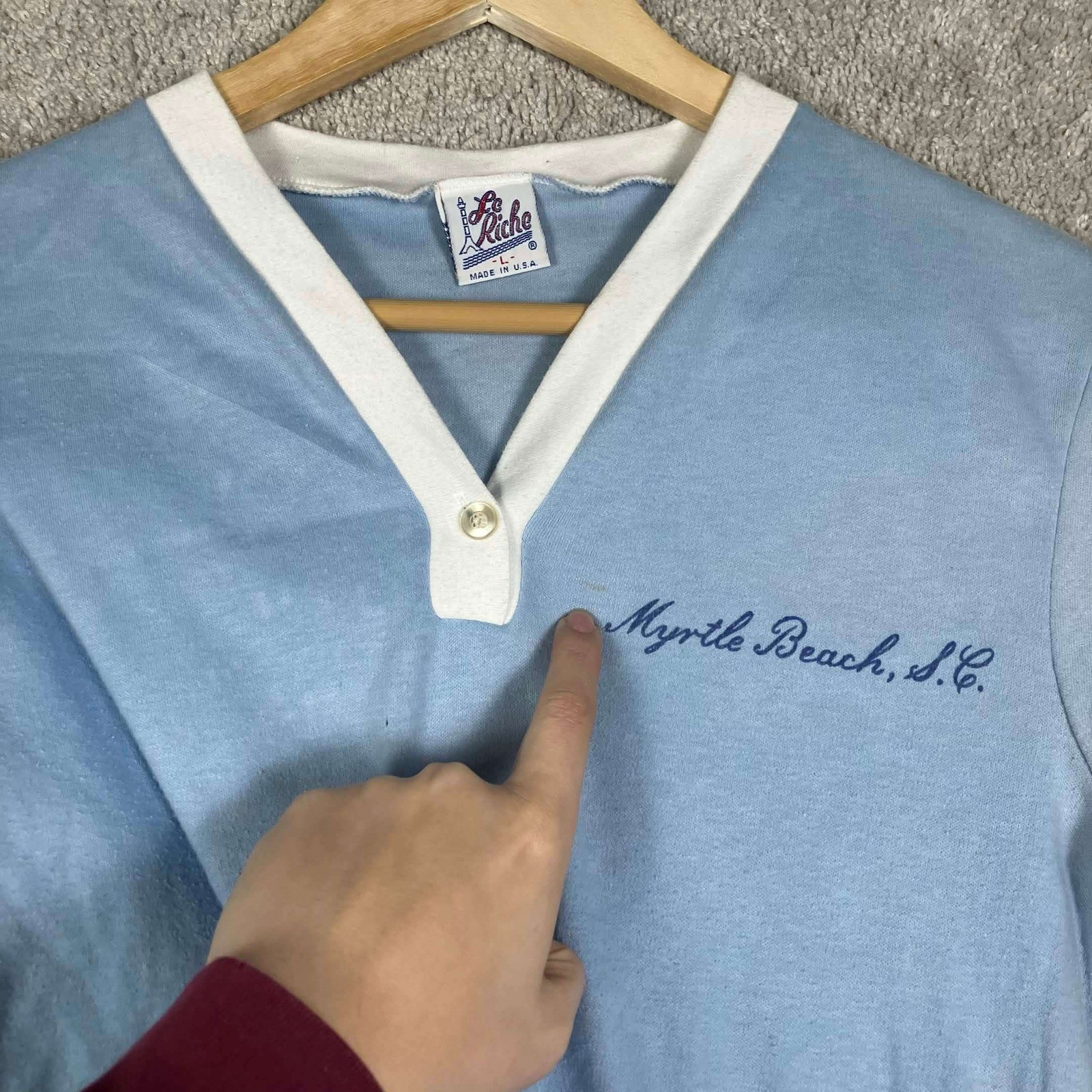 Vintage Le Riche Myrtle Beach SC V-Neck Shirt Light Blue Womens Large USA