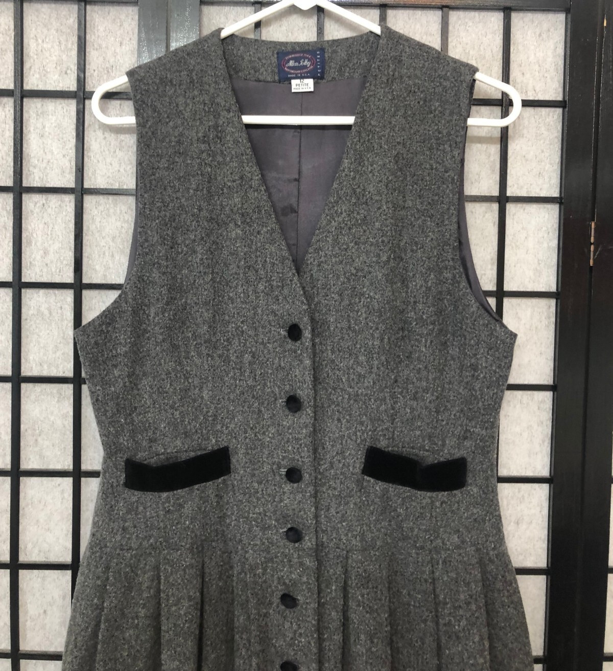 Vintage Gray Wool Jumper Vest Dress Velvet Accents Allen Solly Lolly Medium B2