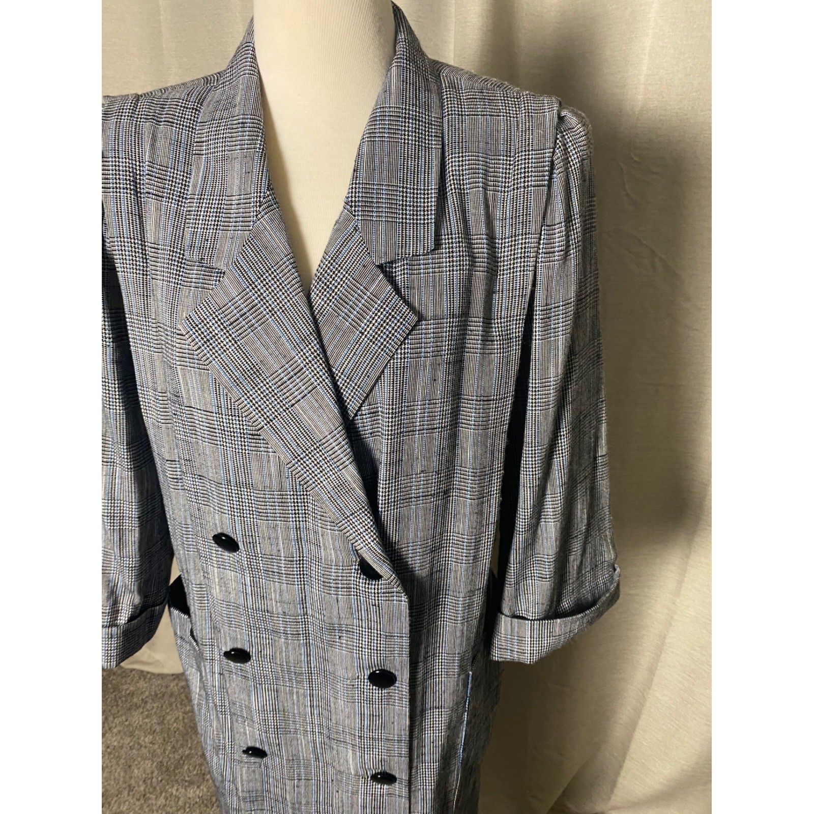 Vintage Leslie Fay Plaid Duster Coat Womens 14 Grey Blue Double Breasted 80s 90s