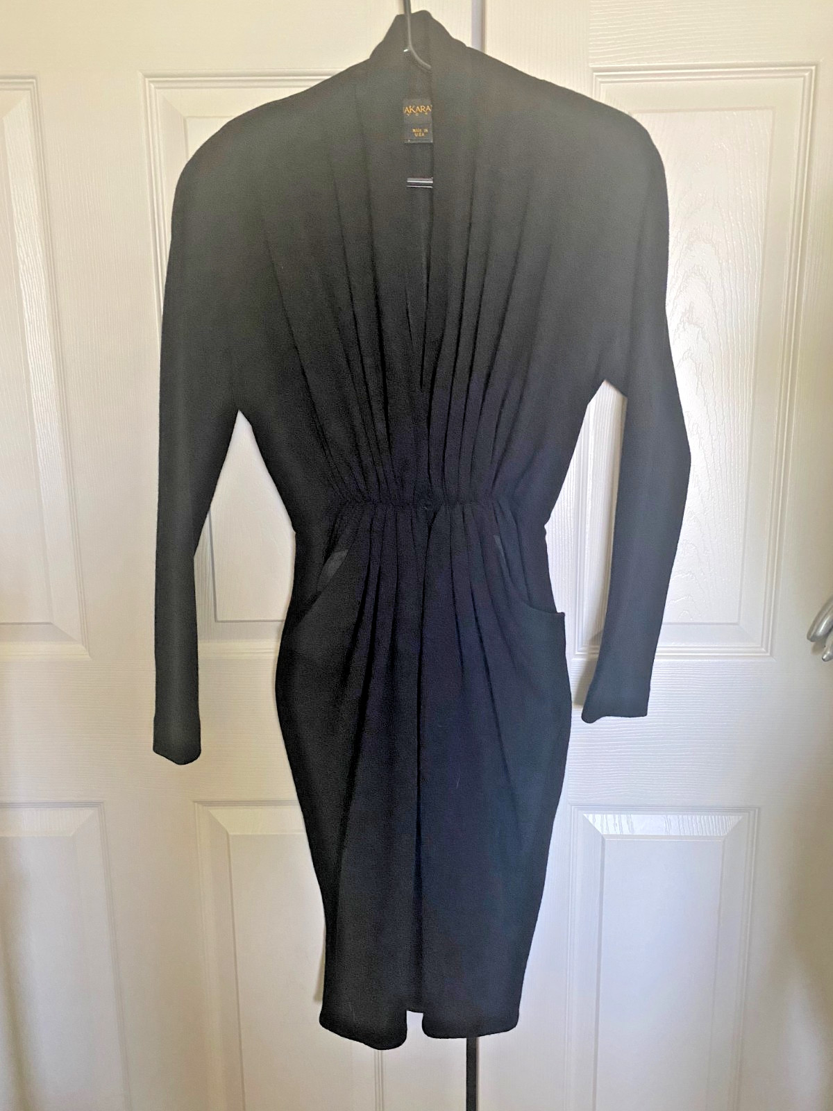 Vintage 80s Donna Karan Black Wool Pleated Draped Waist V Neck Sheath Dress L