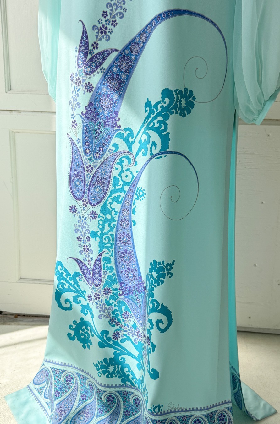VTG 60s 70s Alfred Shaheen Aqua Blue Maxi Dress Sheer Balloon Sleeves L Hawaiian