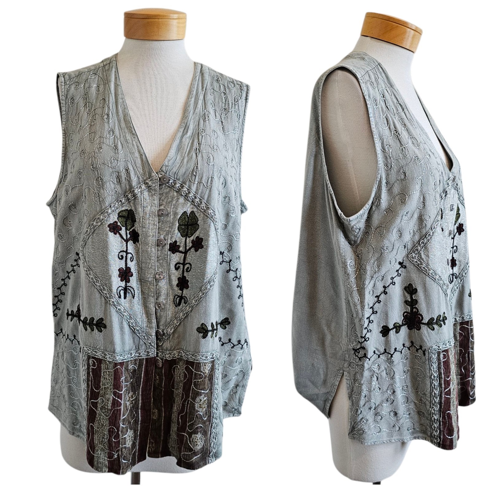 Vintage Select Embroidered Button Front Vest Boho Grunge Rayon Shirt Top 2X