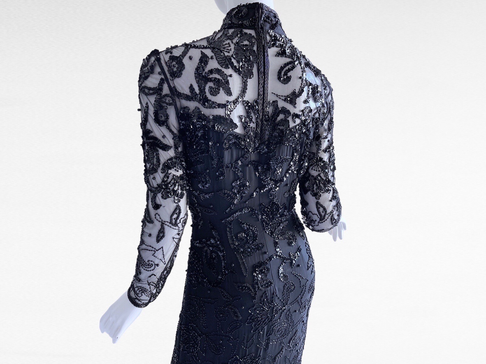 1980s Black Sequin Beaded Victorian Edwardian Goth Evening Dress Medium