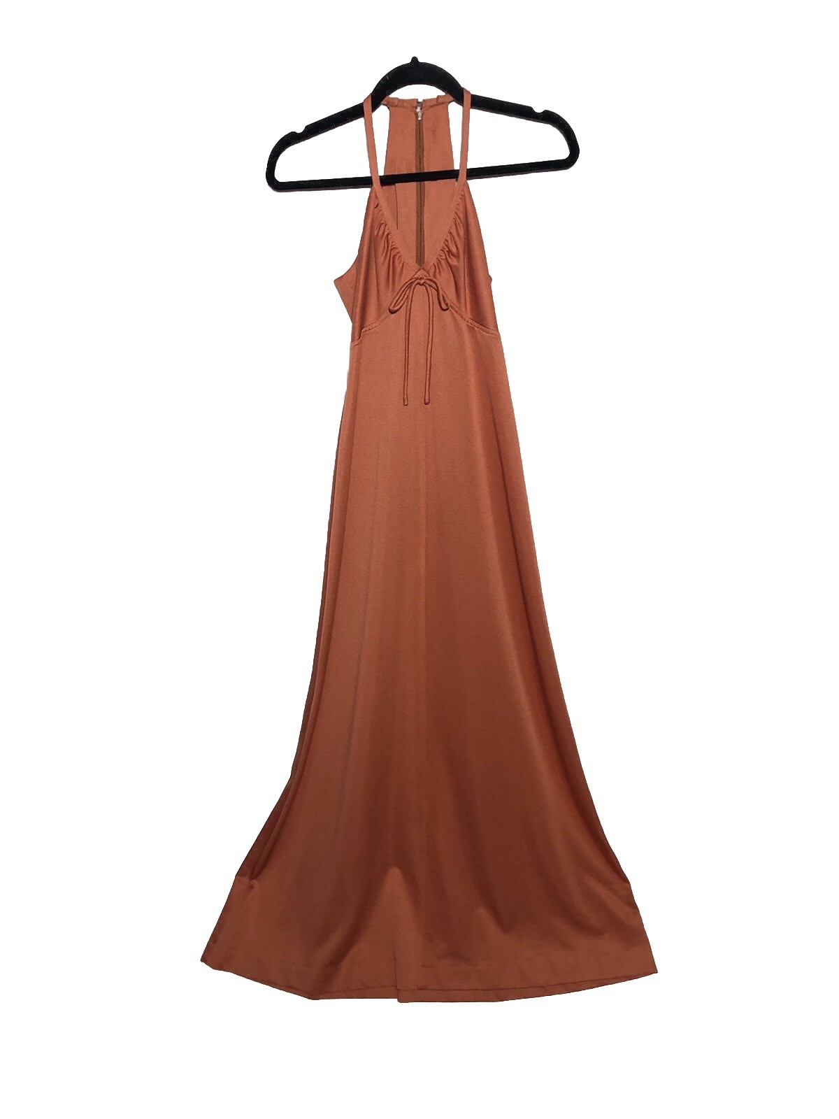 Vtg 70s Halter Maxi Dress Burnt Orange Boho Disco Evening 30-28-34 S/XS DAMAGED