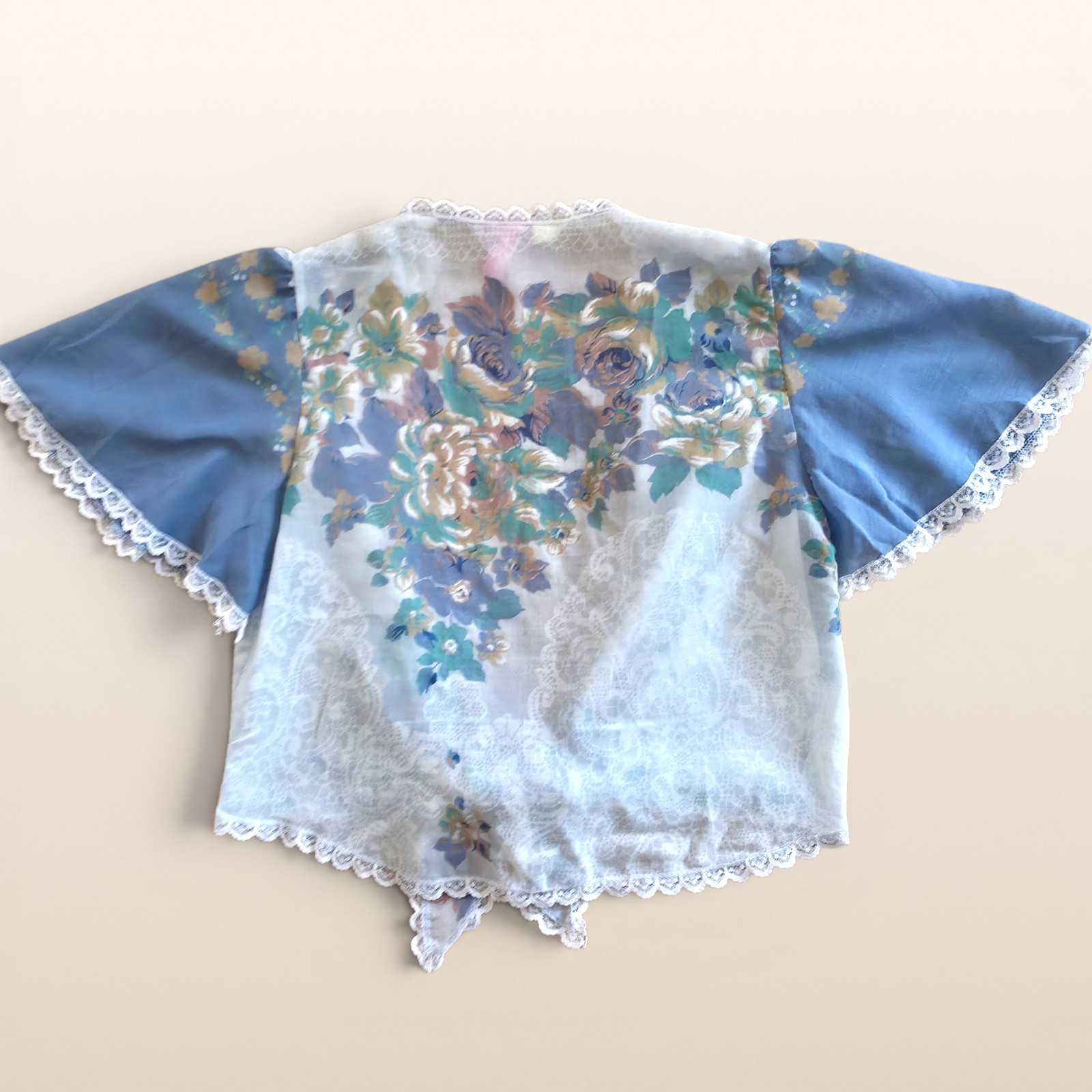 Vintage 70s Lace Tie Front Floral Lingerie Top Cal Togs Blue & White Sheer