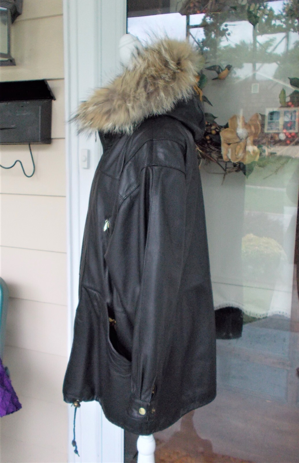 Vntg Jacqueline Ferrar Genuine Leather Jacket Coat Black W/Coyote Fur Hood L/XL