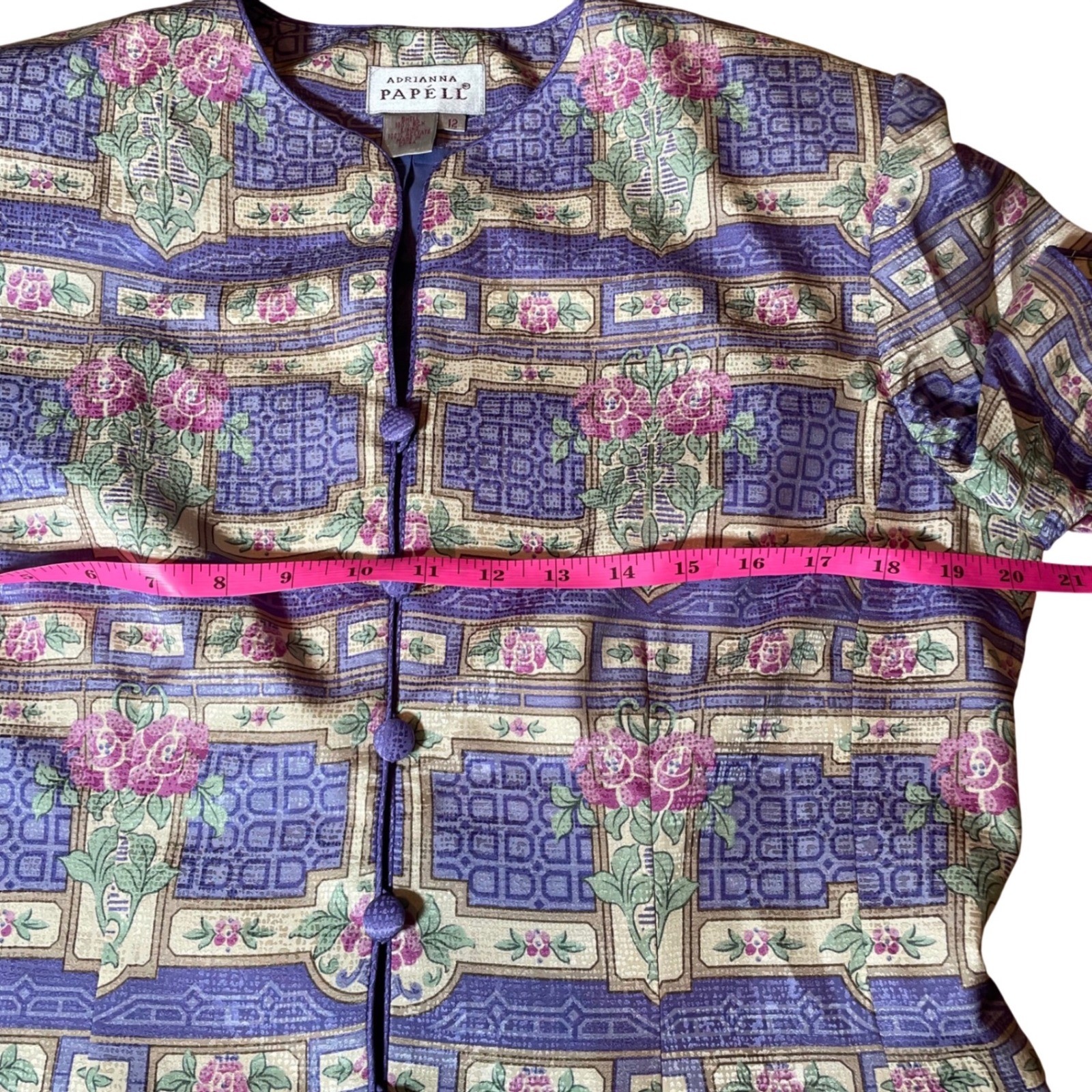 Adrianna Papell Vintage 100% Silk Floral Geometric Frog Button Blouse Purple 12