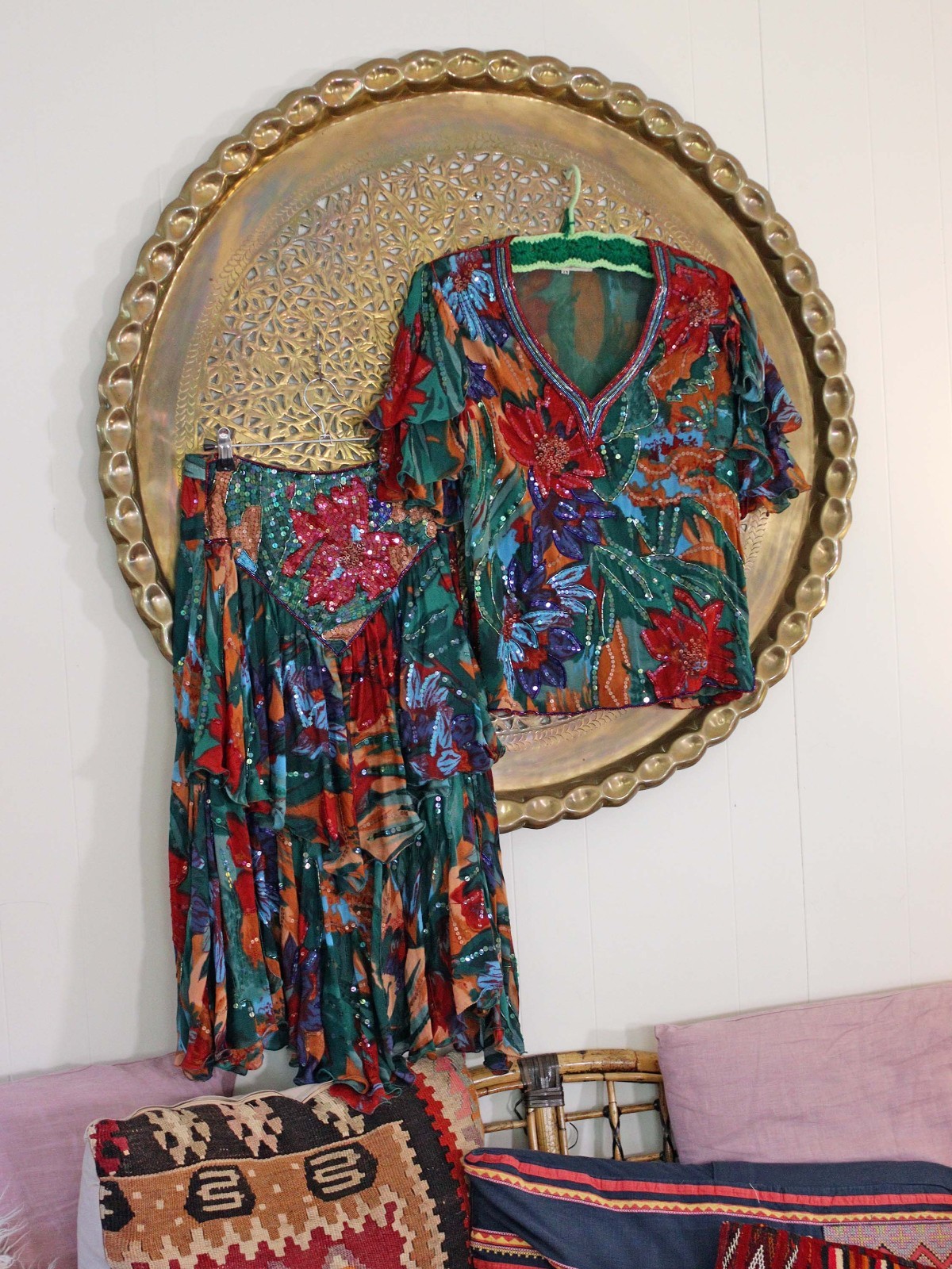 VTG Judith Ann Creations Silk Bohemian Beaded Sequined Blouse Skirt Set Emerald