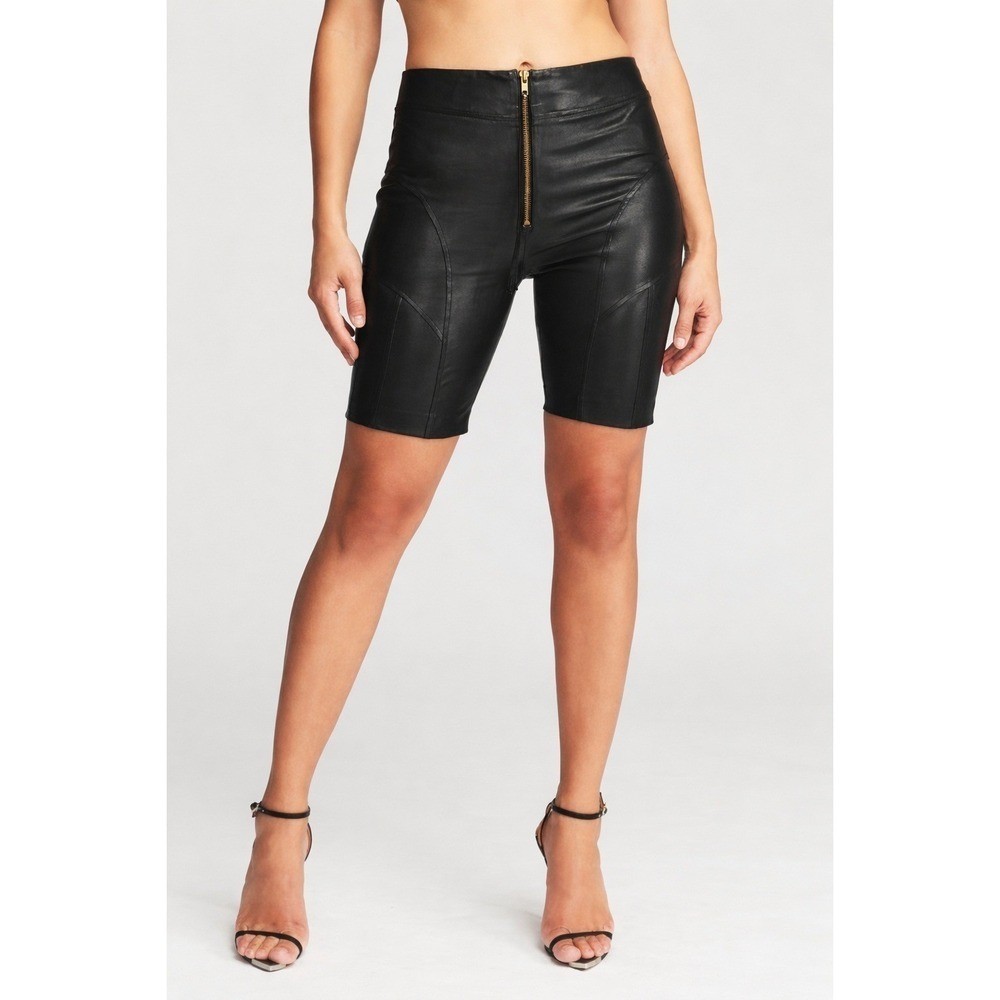 Retrofete Amanda Black Leather Biker Shorts High Waisted Paneled Size Small