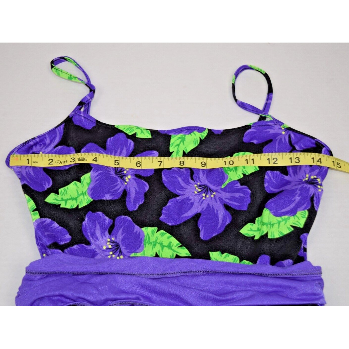 Vintage Swimsuit Size 14 S/M 80s Bright Iris Purple Green Black Skirt Stretchy