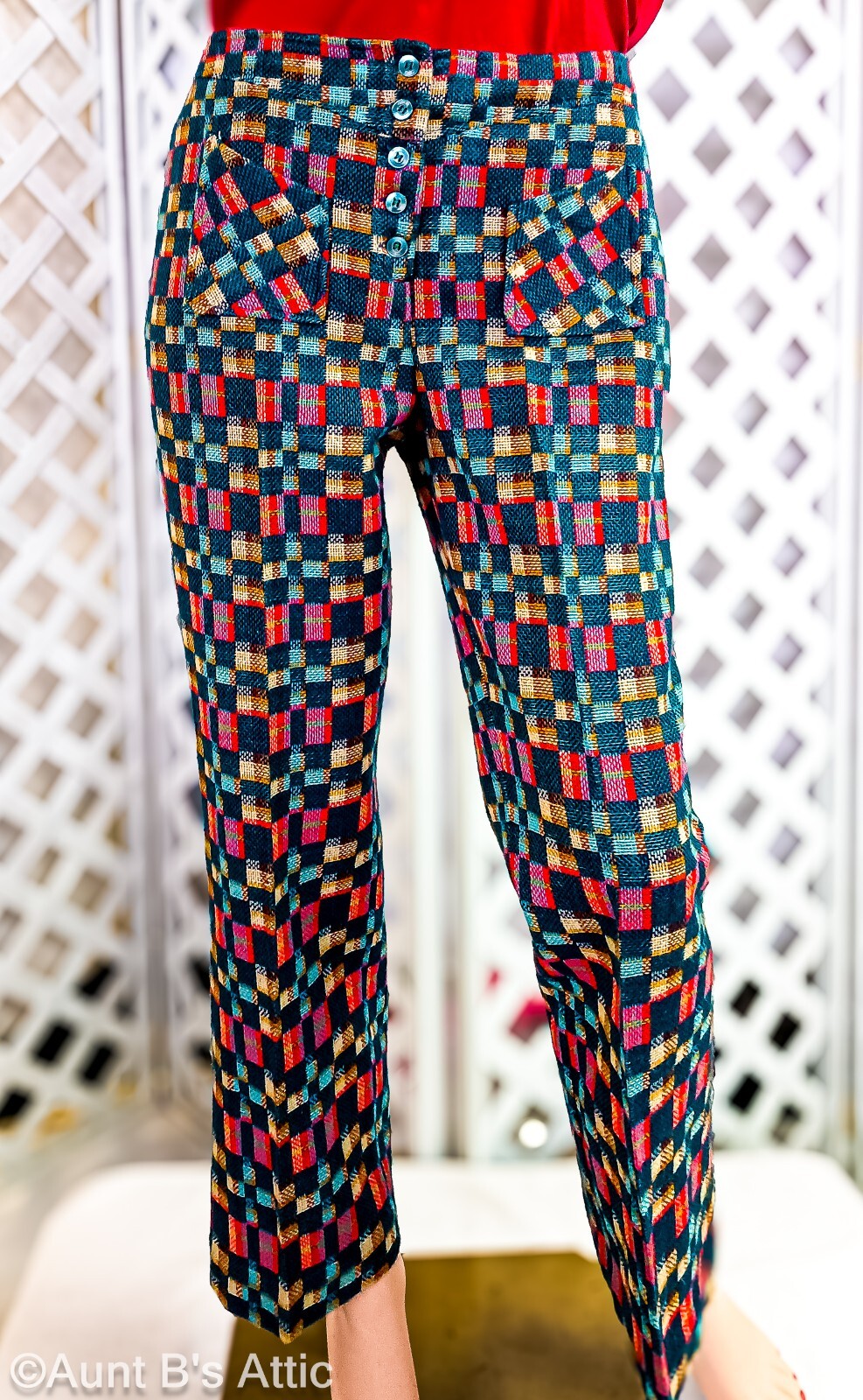 Vtg 60s-70s Raisa Ladies Multi Color Woven Acrylic Plaid Hip Hugger Pants VTG 16
