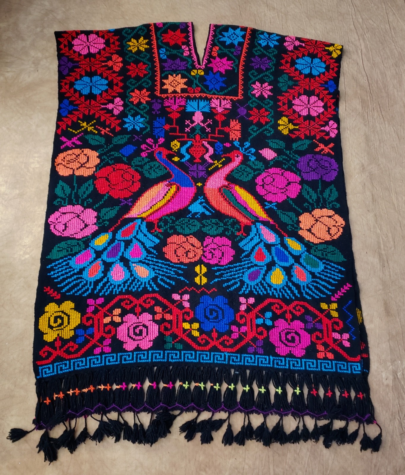 Vintage 70s Colorful Embroidered Boho Fringe Blanket Poncho OS