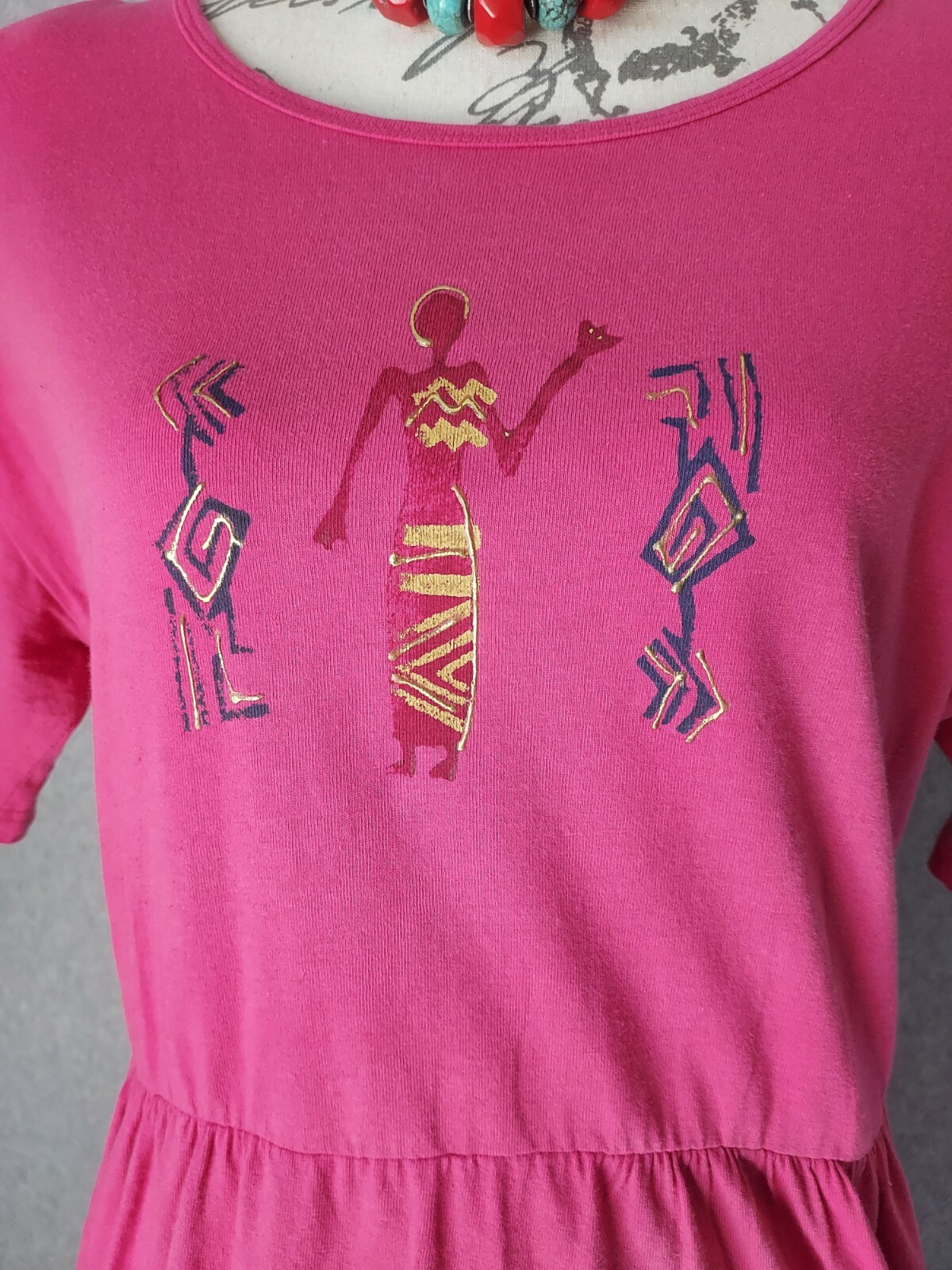 Vintage On The Rocks California Tribal Tunic Dress Short Sleeve Pink Sz.PL USA