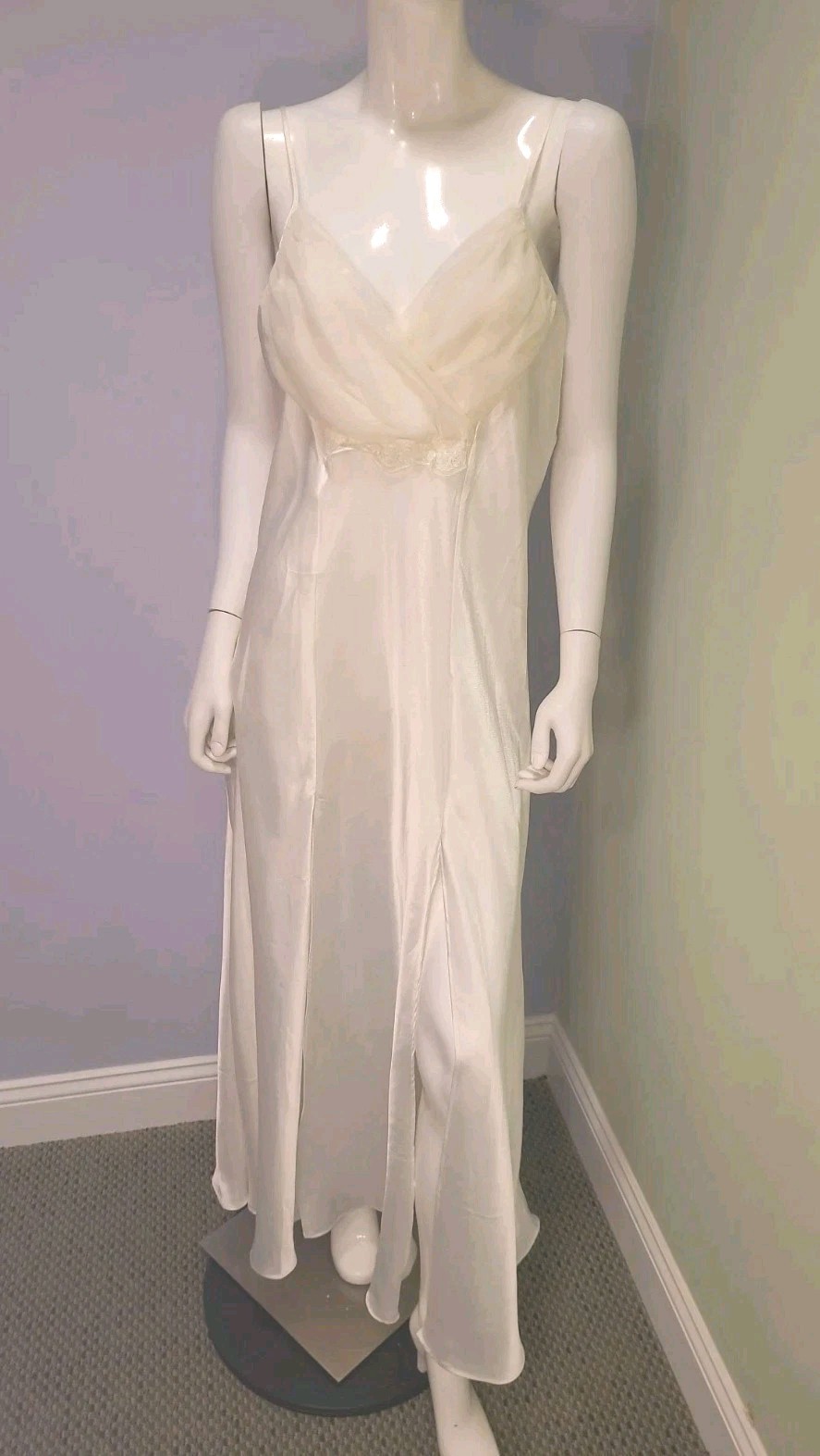 VTG Ivory Heavy Satin Slip Dress 18/20 Gown Mesh Lace Slits Old Hollywood Glam