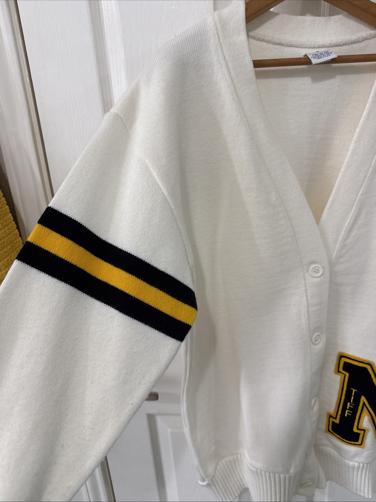Vintage Varsity Letterman Sweater Black Yellow White Off Stripes Sleeve Large US
