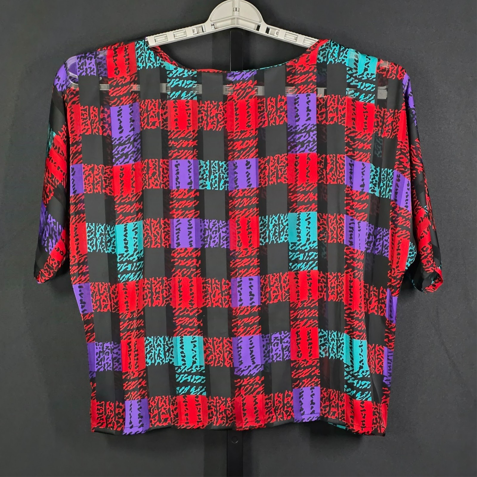Vintage Avon Fashions Blouse 11/12 Red Purple Teal Black Plaid Boxy Top 80s 90s