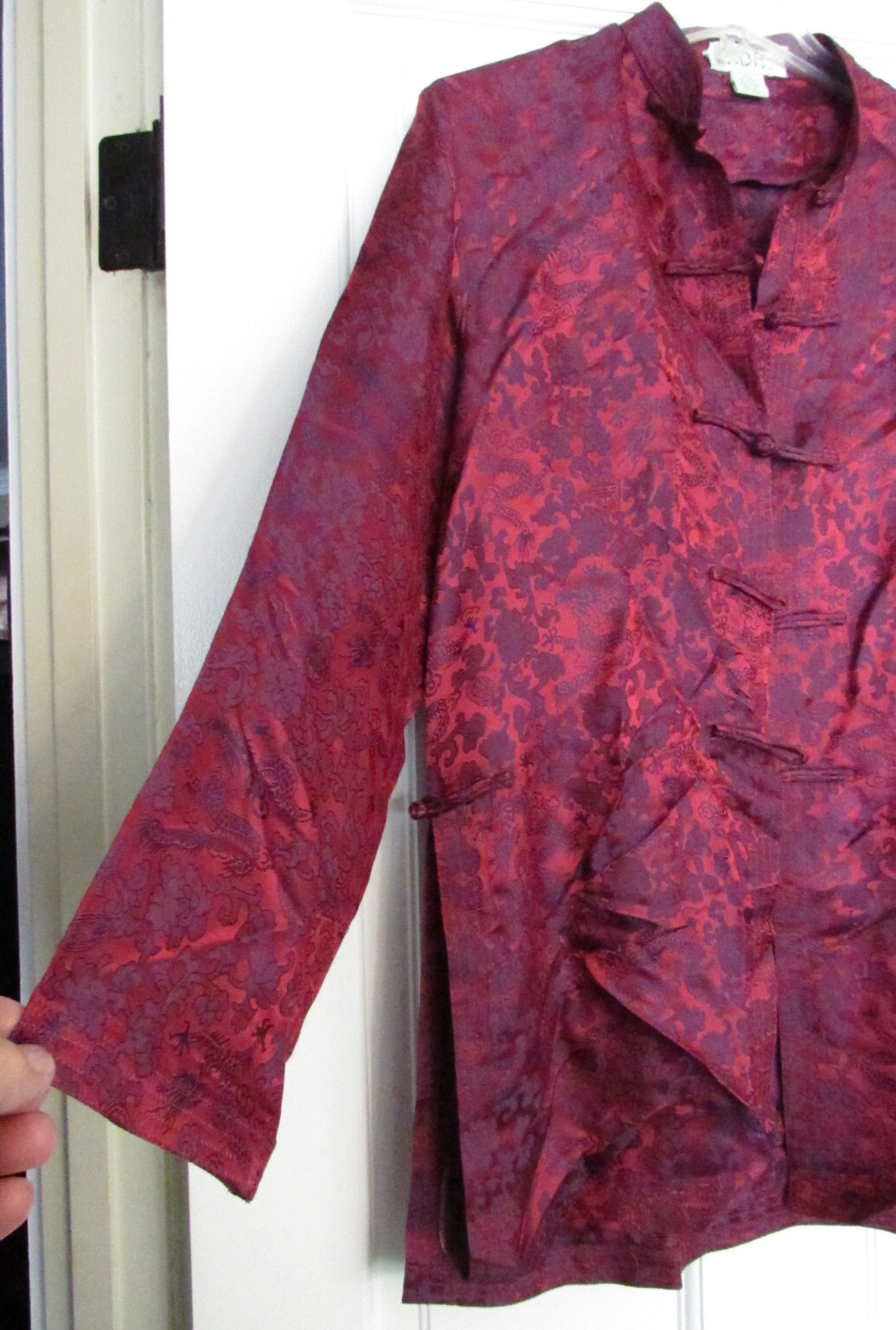 Vintage JADE Kimono Style (#97441) Red Long Sleeve Silk Blouse Top Large (WC-21)
