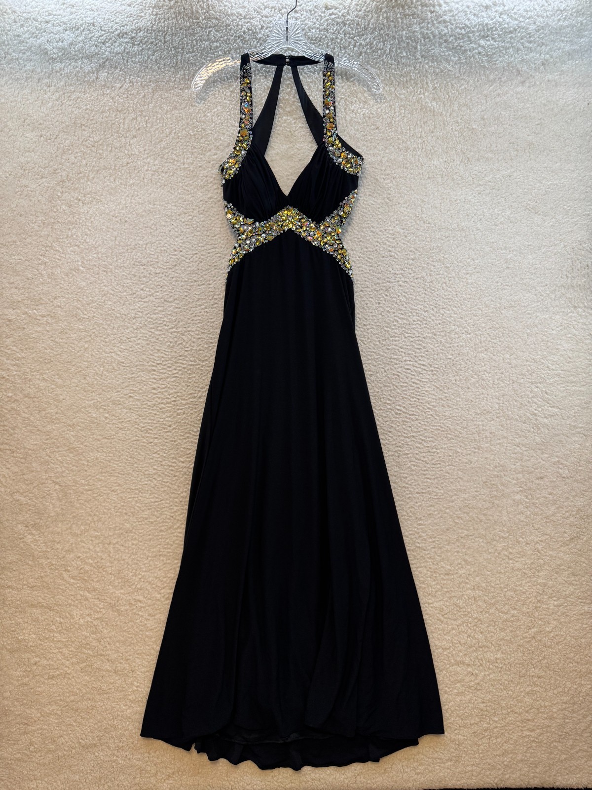 Y2K Vintage Prom Dress 10 Large Black Rhinestone Backless Maxi Formal Cocktail