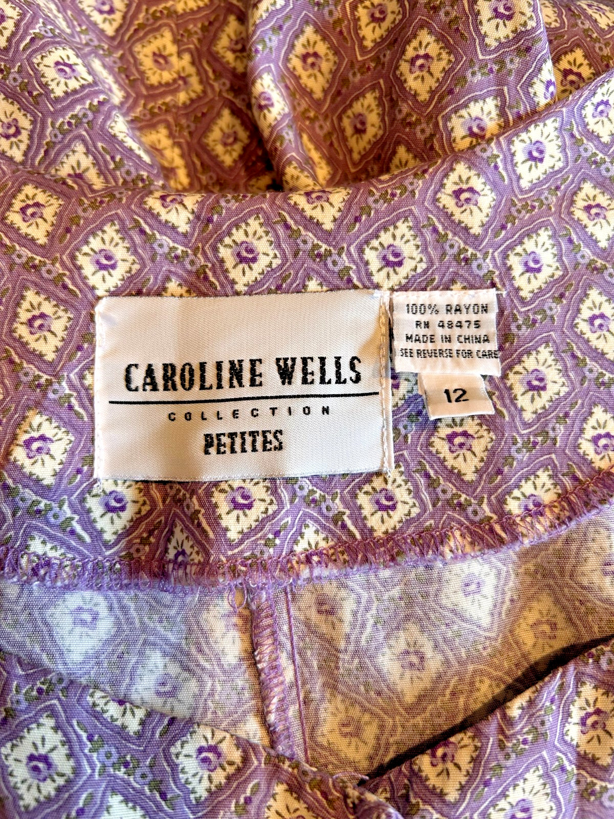 Vtg 90s Caroline Wells Wo’s 12 Midi Purple Floral Dress Button Front Cottagecore