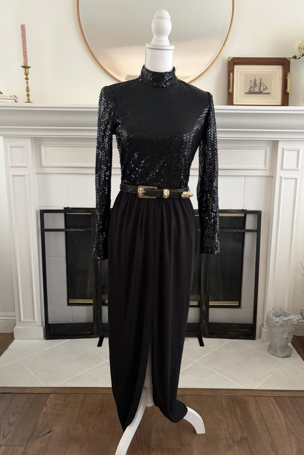 Vintage Dominic Rompollo Dress Gown Sz 6 Black Sequins Gold Belt Long Sleeve