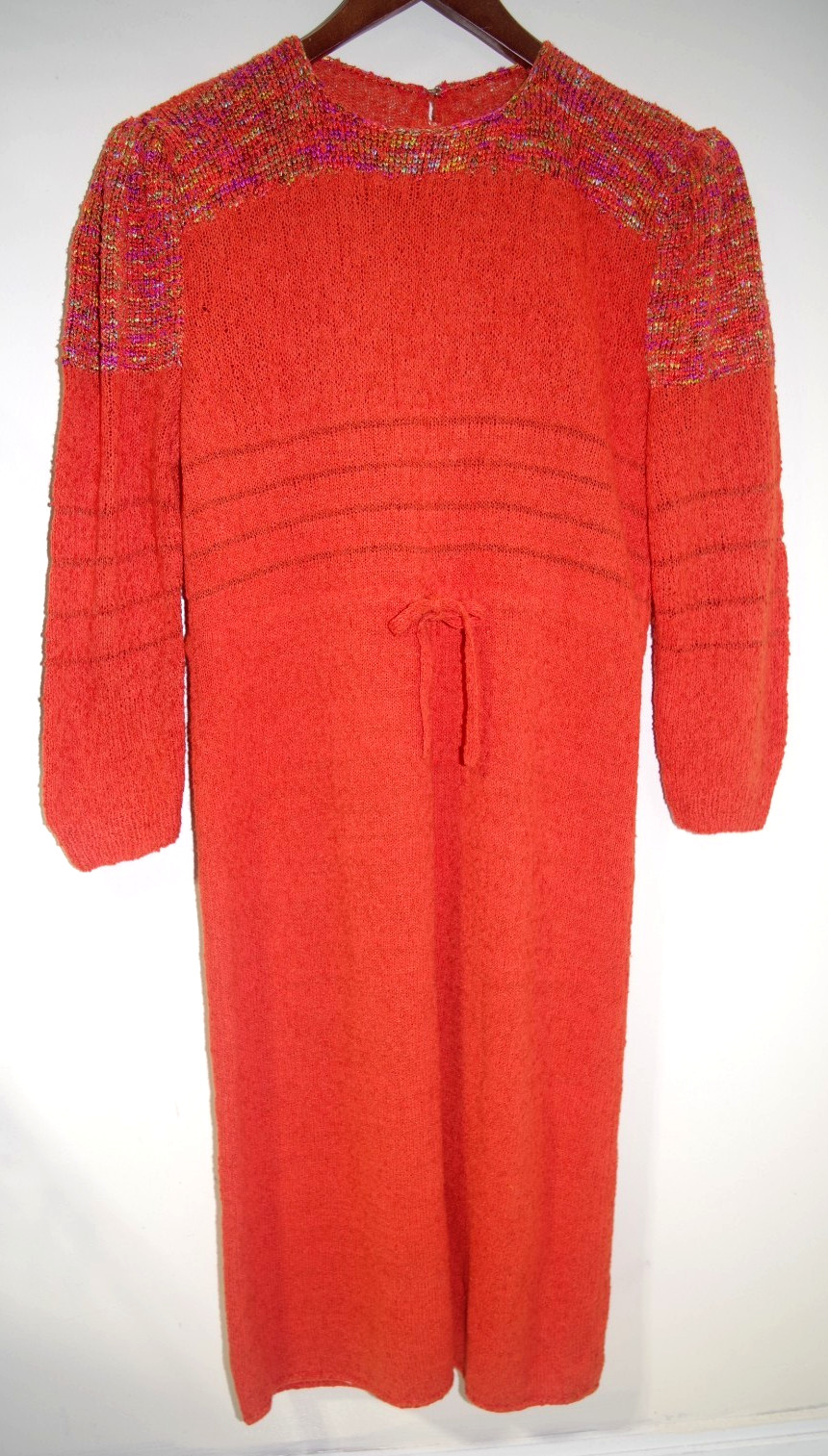 R5 Vintage Hand Knit Dress Boucle’ Knit Sweater Dress Orange & Tweed Drawstring