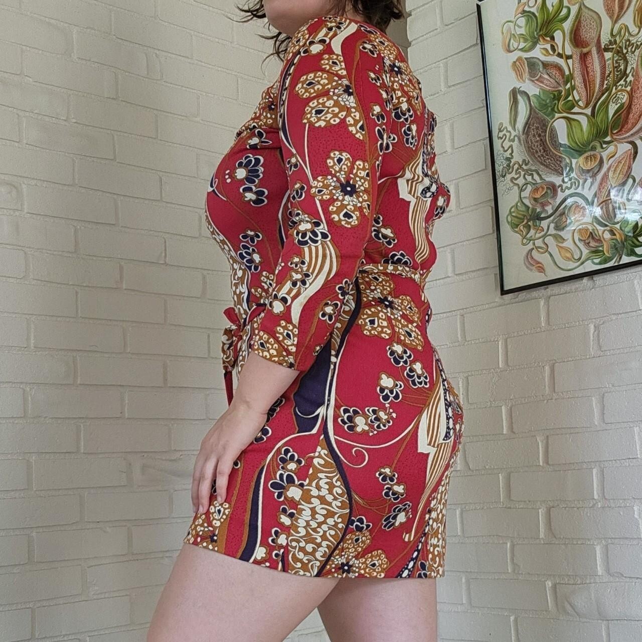 Vtg 60s 70s Dress Midi Size 14 Sacony Ciella Red Geo Floral Mod Gogo Disco