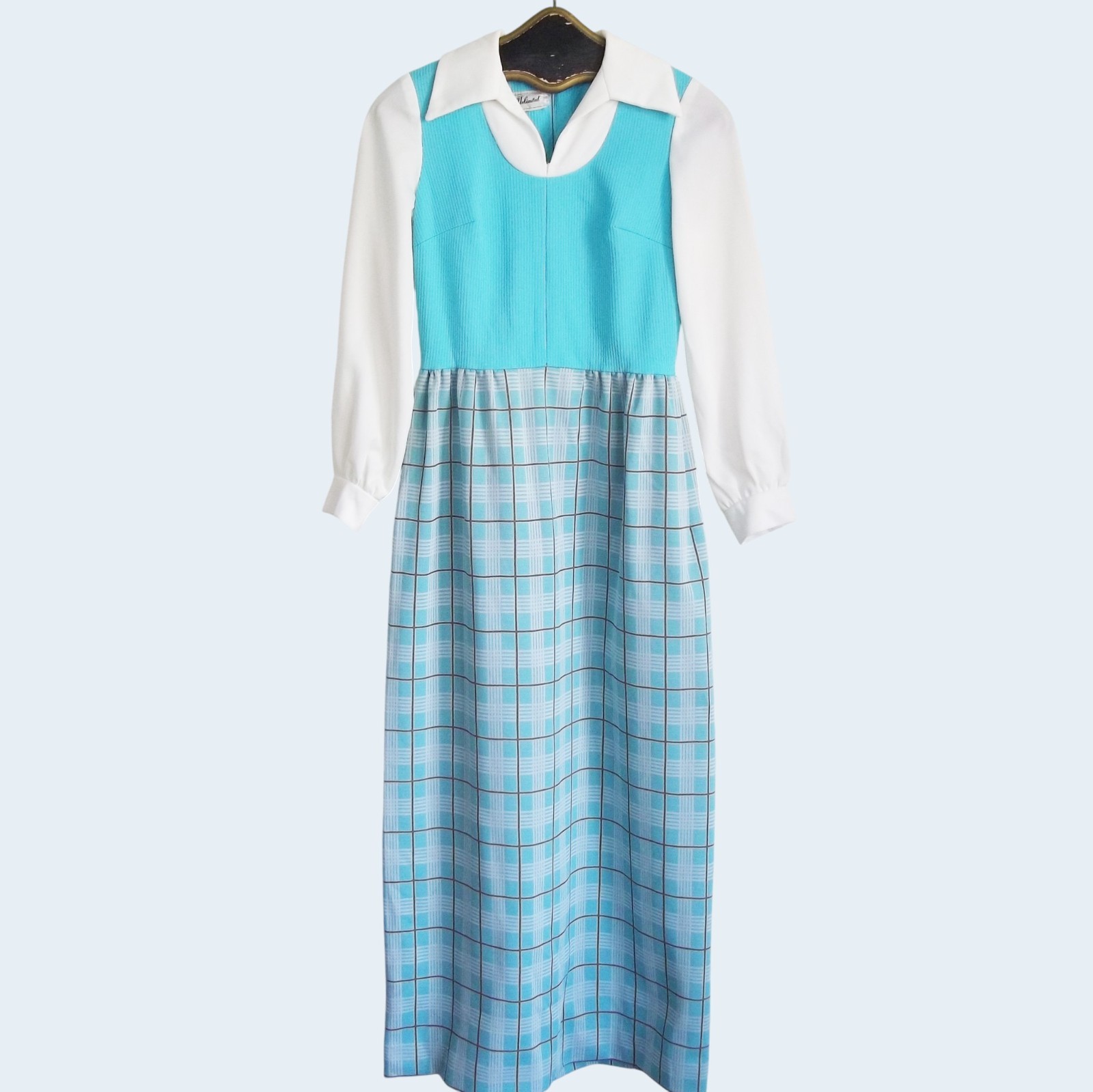 Vintage 70s Ayres ILGWU Tag Dagger Collar Plaid Skirt Double Knit Maxi Dress XS