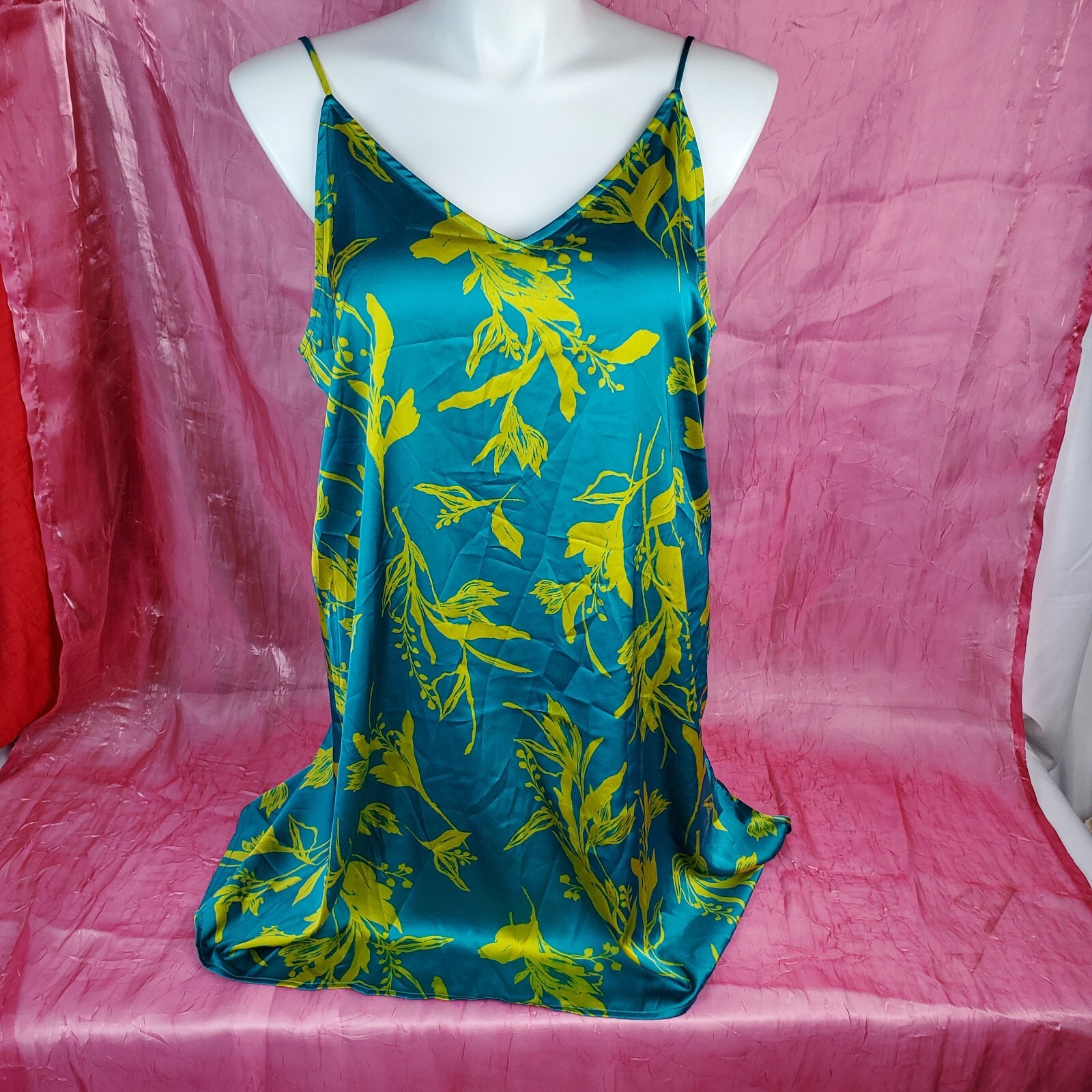 Full Slip Dress Shiny Silky Liquid Sexy Sissy Lingeire Plus Sz 2XX Blue Floral