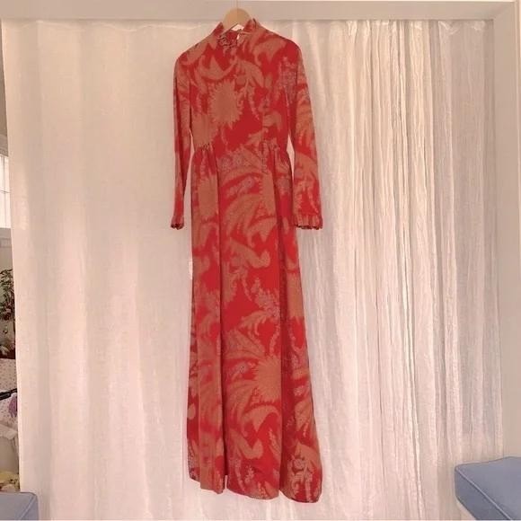 Mollie Parnis Vintage 60s Gown Red Gold Brocade Maxi Dress Small Ruffle Neck
