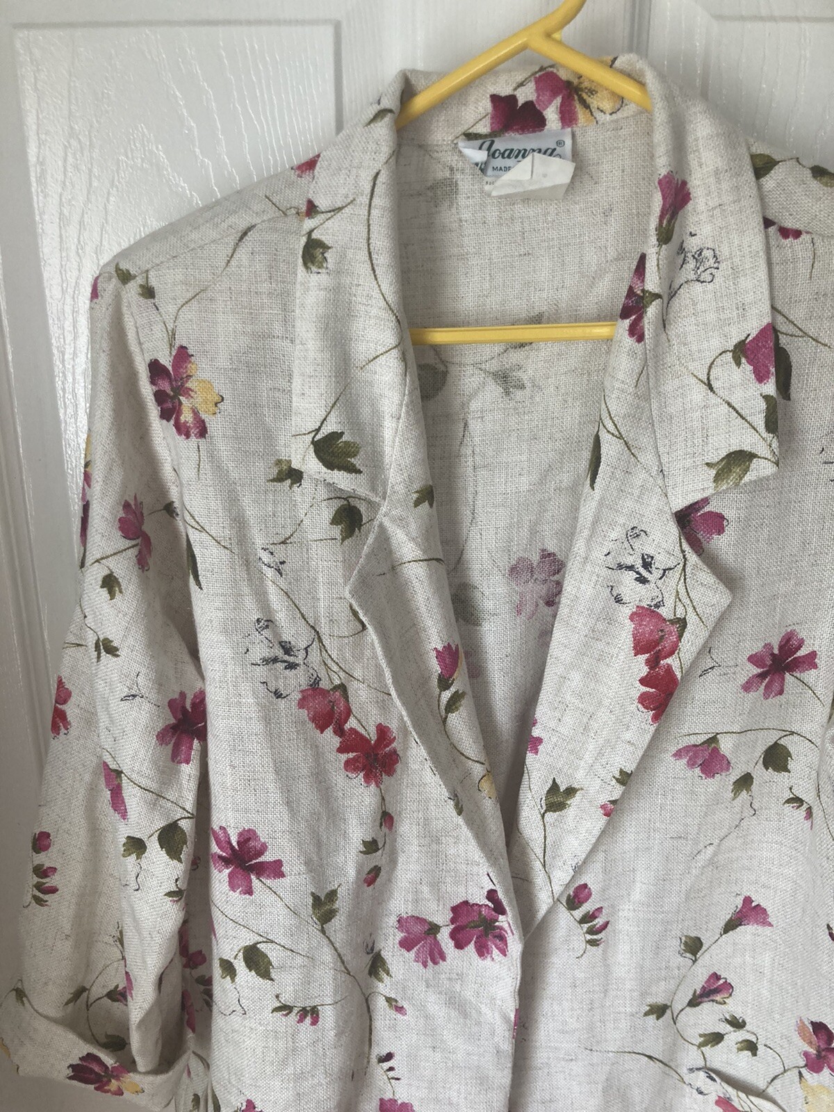 M Scattered Floral Textured Weave Vtg 80s V-neck Pocket Blazer 3/4 Sleeve Jacket