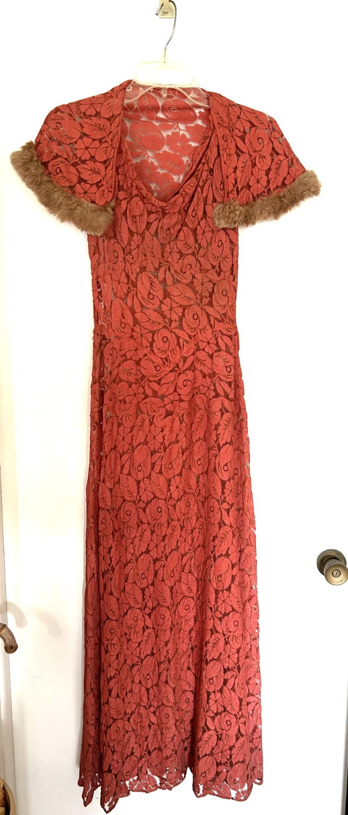 Vintage 30’s long coral lace sleeveless dress matching fur trim lace cape XS-S